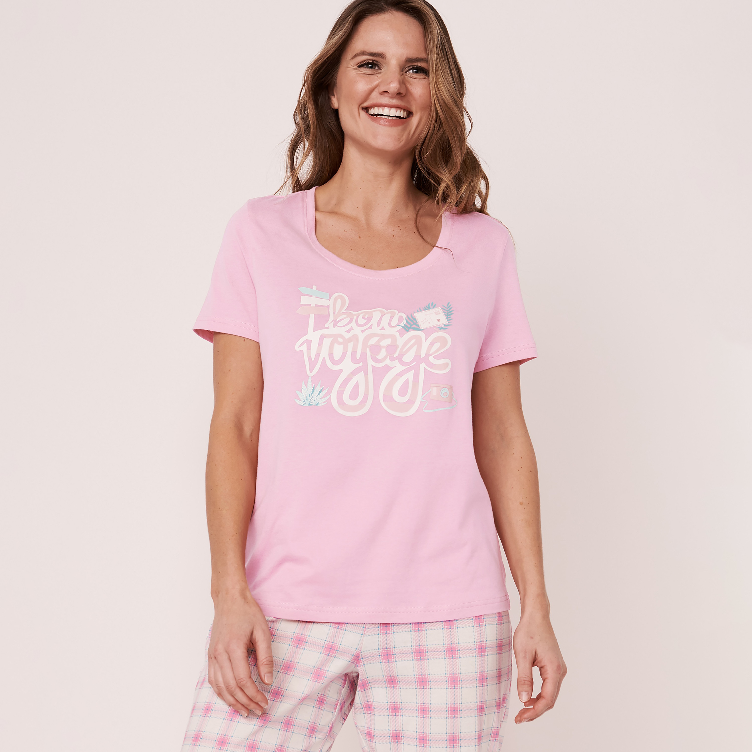 تي شيرت من لا في إن روز نسائي وردي مطبوع بياقة مستديرة وأكمام قصيرة-women-clothing-nightwear-pyjamas-tops-image-1