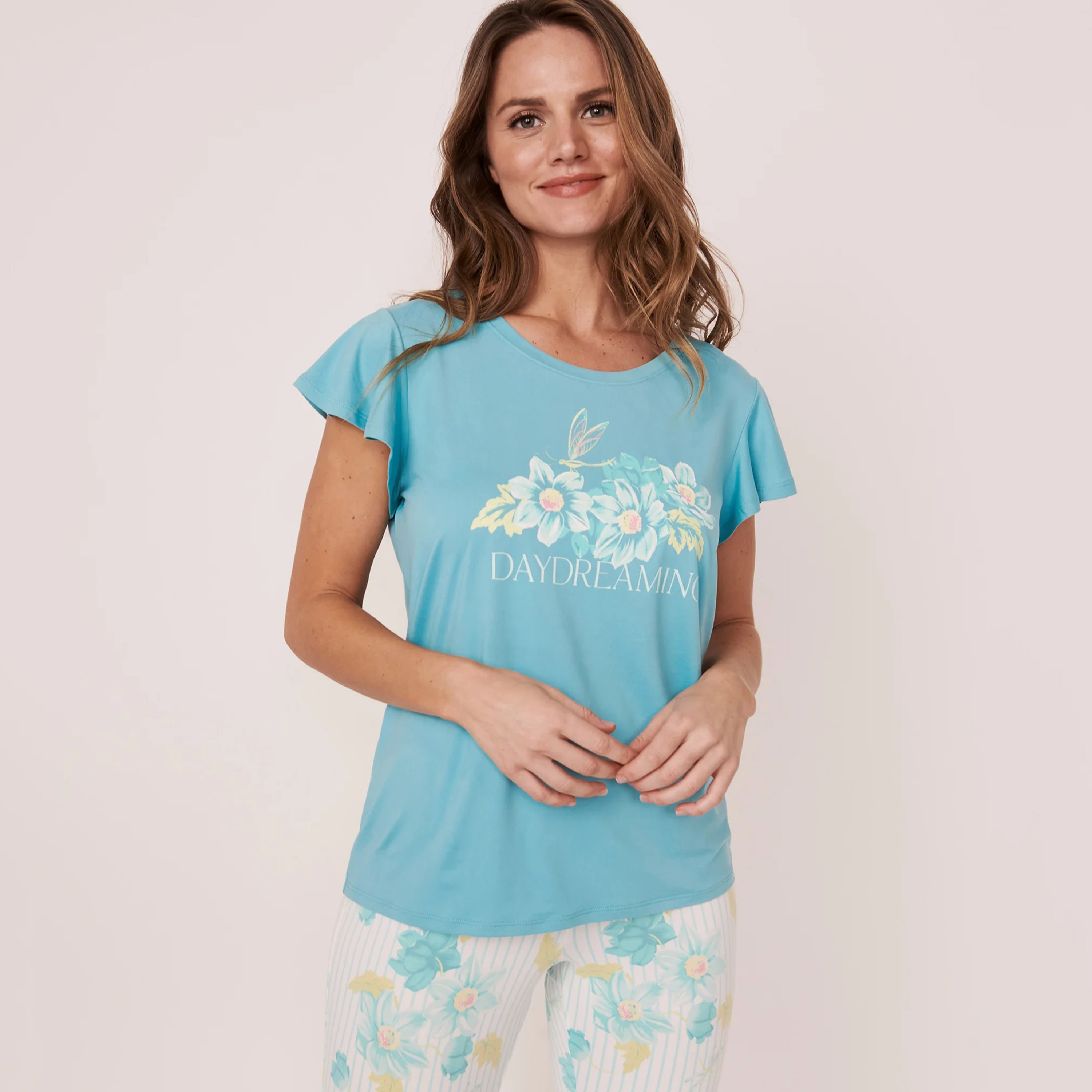 تي شيرت من لا في إن روز نسائي أزرق مطبوع بياقة مستديرة وأكمام منزعجة-women-clothing-nightwear-pyjamas-tops-image-1