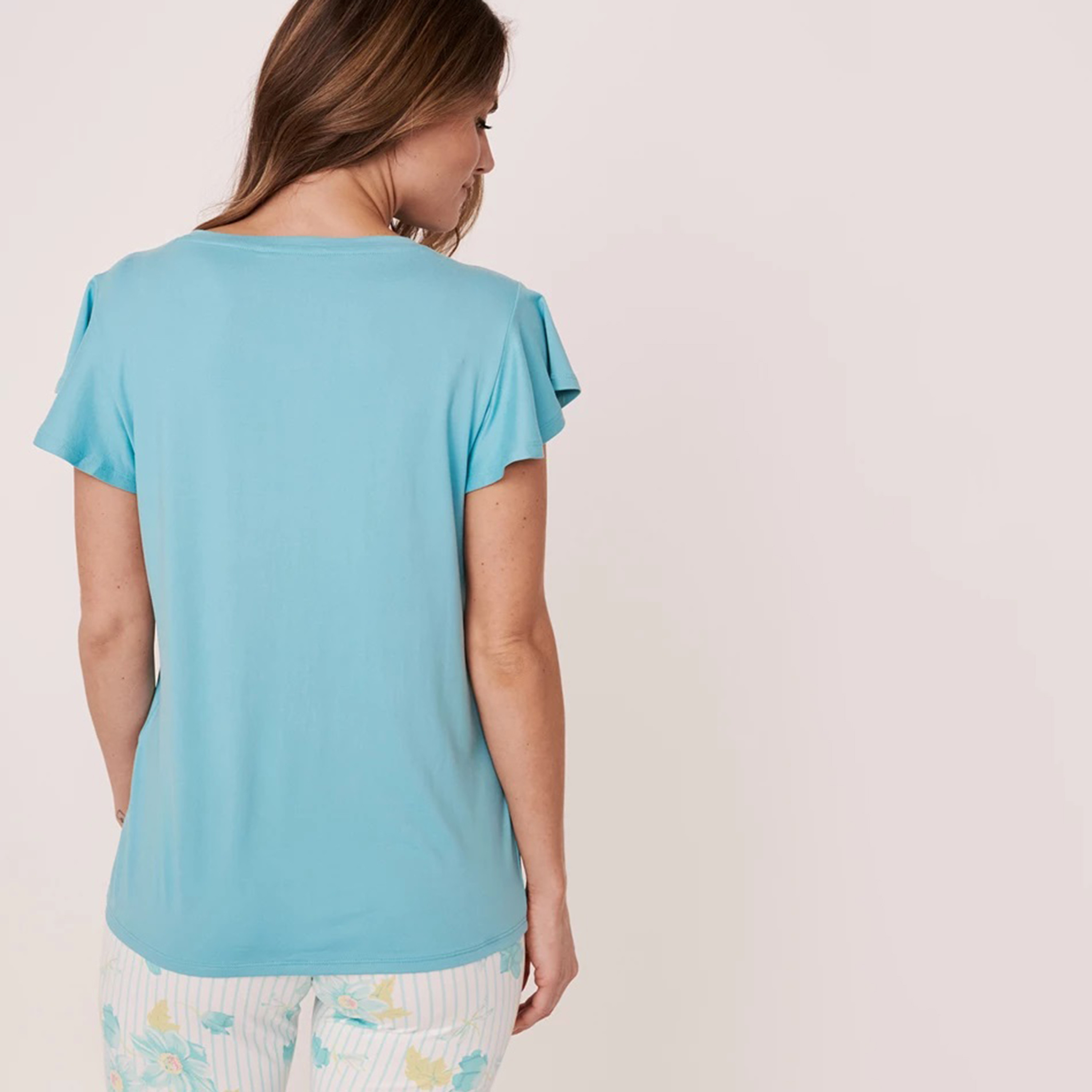 تي شيرت من لا في إن روز نسائي أزرق مطبوع بياقة مستديرة وأكمام منزعجة-women-clothing-nightwear-pyjamas-tops-image-2