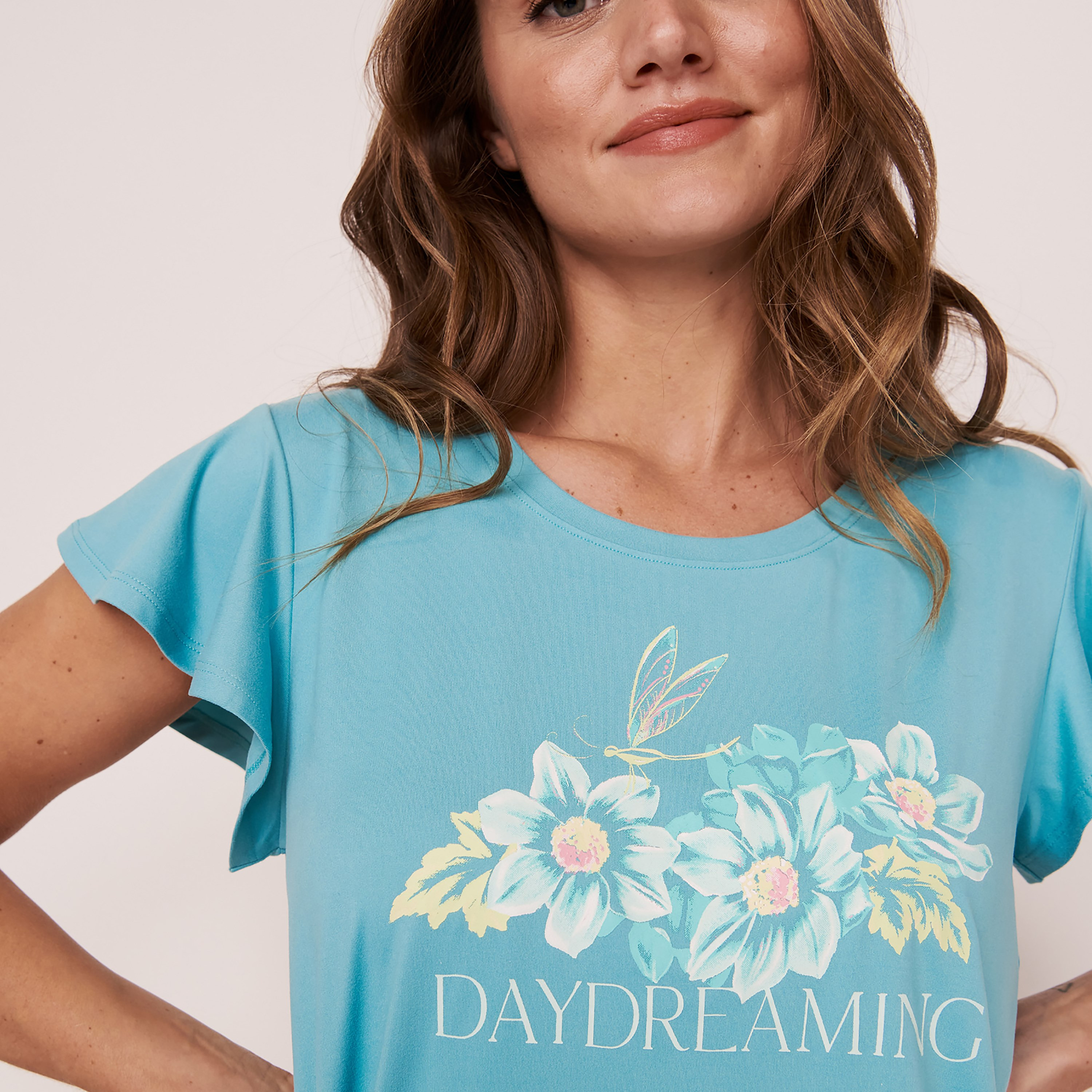 تي شيرت من لا في إن روز نسائي أزرق مطبوع بياقة مستديرة وأكمام منزعجة-women-clothing-nightwear-pyjamas-tops-image-3