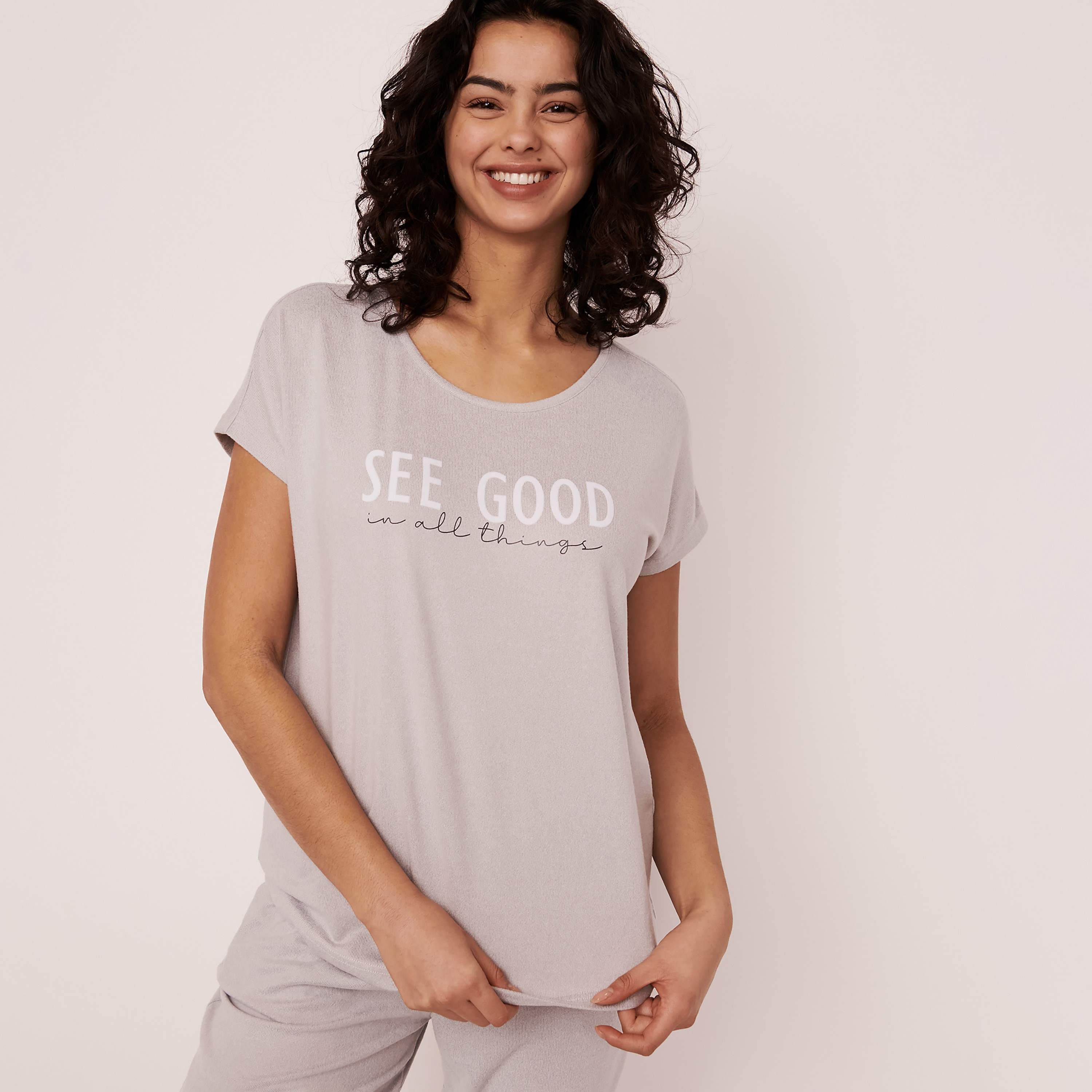 تي شيرت من لا في إن روز نسائي رمادي مطبوع بياقة مستديرة وأكمام قصيرة-women-clothing-nightwear-pyjamas-tops-image-1