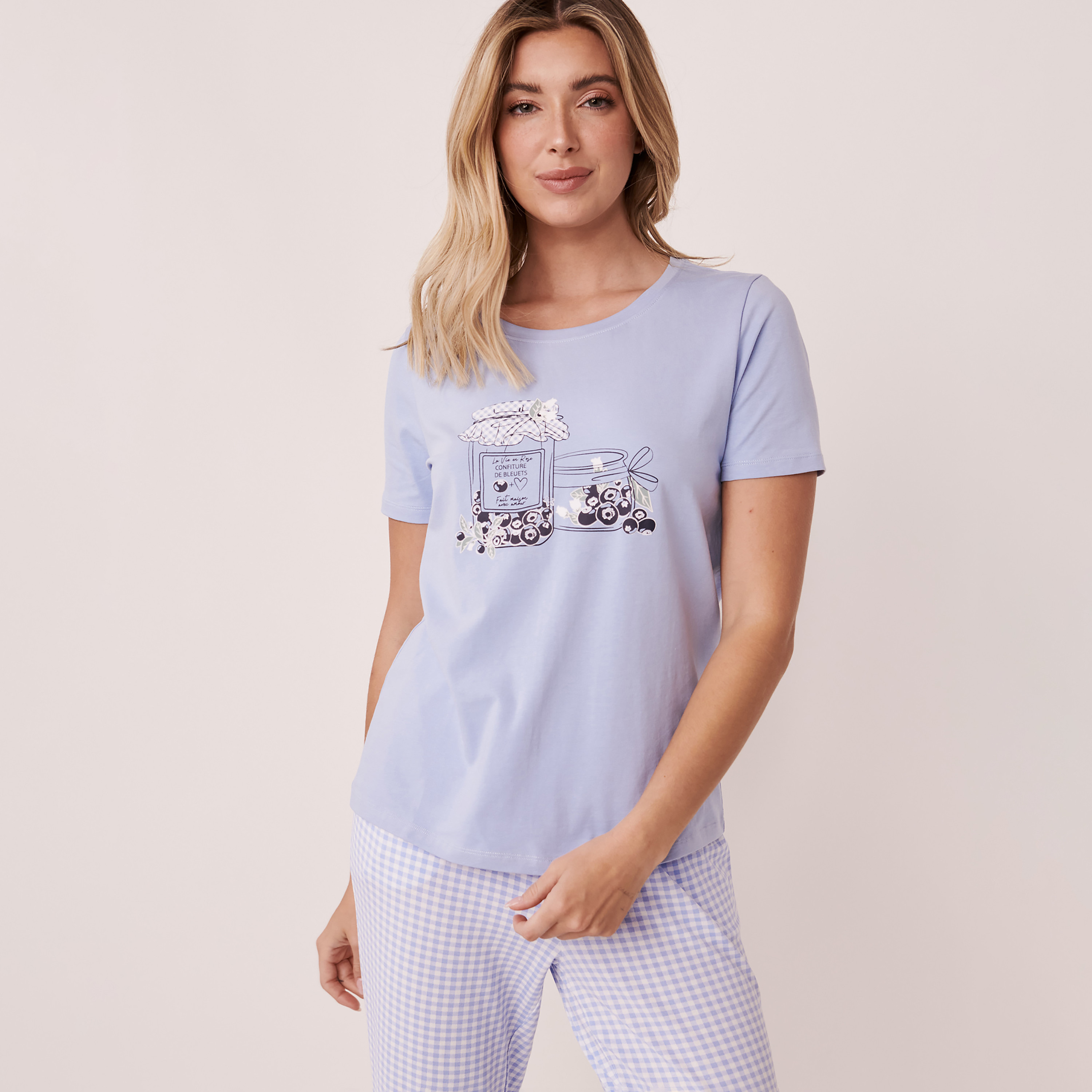تي شيرت من لا في إن روز نسائي أزرق مطبوع بياقة مستديرة وأكمام قصيرة-women-clothing-nightwear-pyjamas-tops-image-1