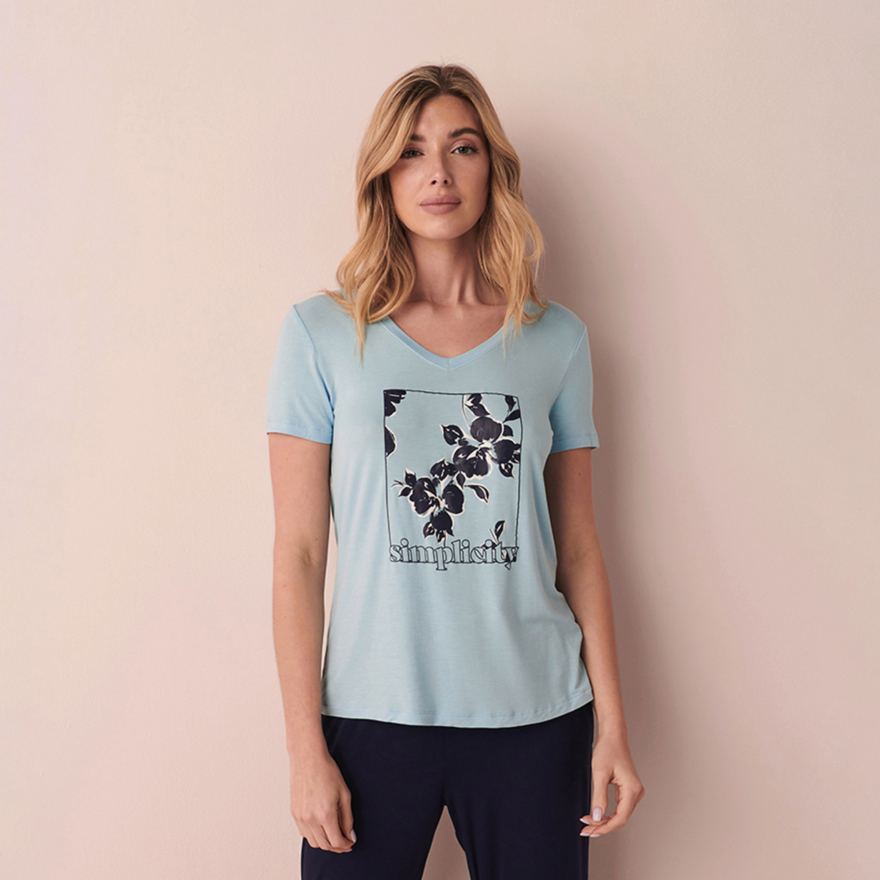 La Vie En Rose Women's Floral V-neck Short Sleeves T-shirt-women-clothing-nightwear-pyjamas-tops-image-3