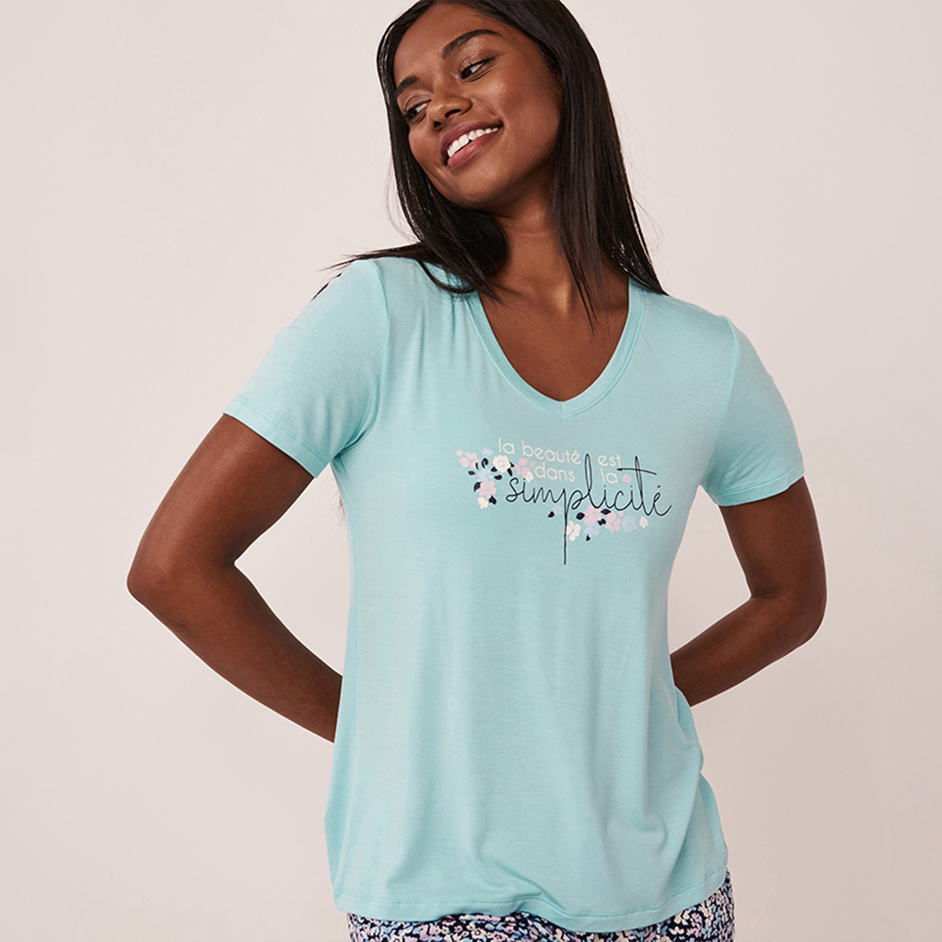 La Vie En Rose Women's Floral V-neck Short Sleeves T-shirt-women-clothing-nightwear-pyjamas-tops-image-4