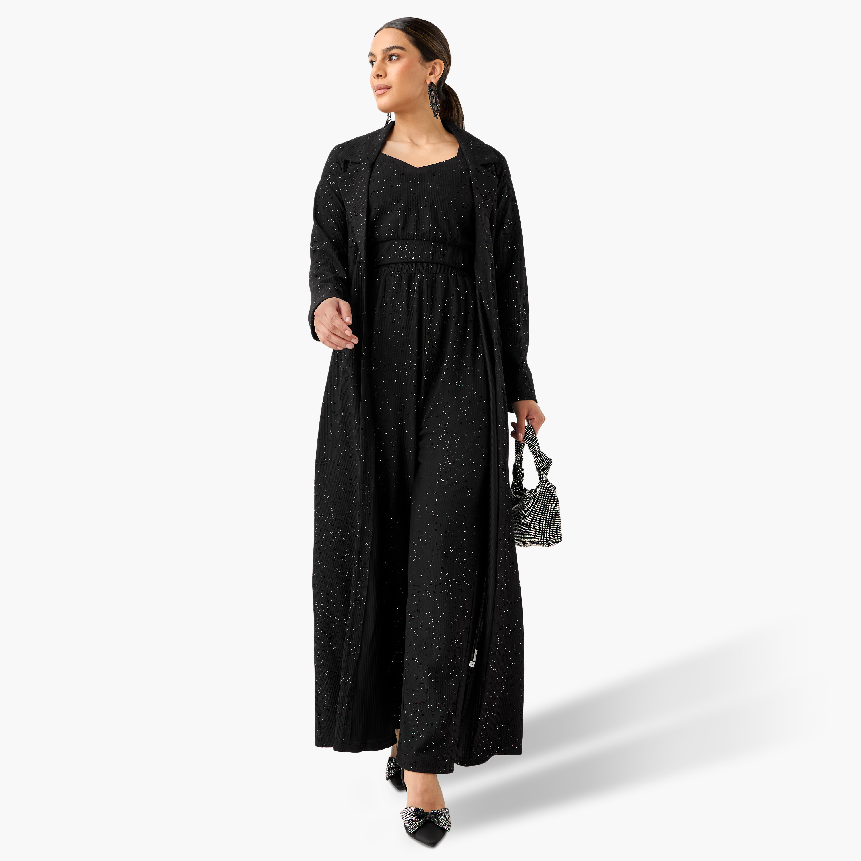 بلوزة قصيرة بارزة الملمس بياقة ماسية مع بنطلون وسترة طويلة من جولدن أبل-women-clothing-coordsets-image-1