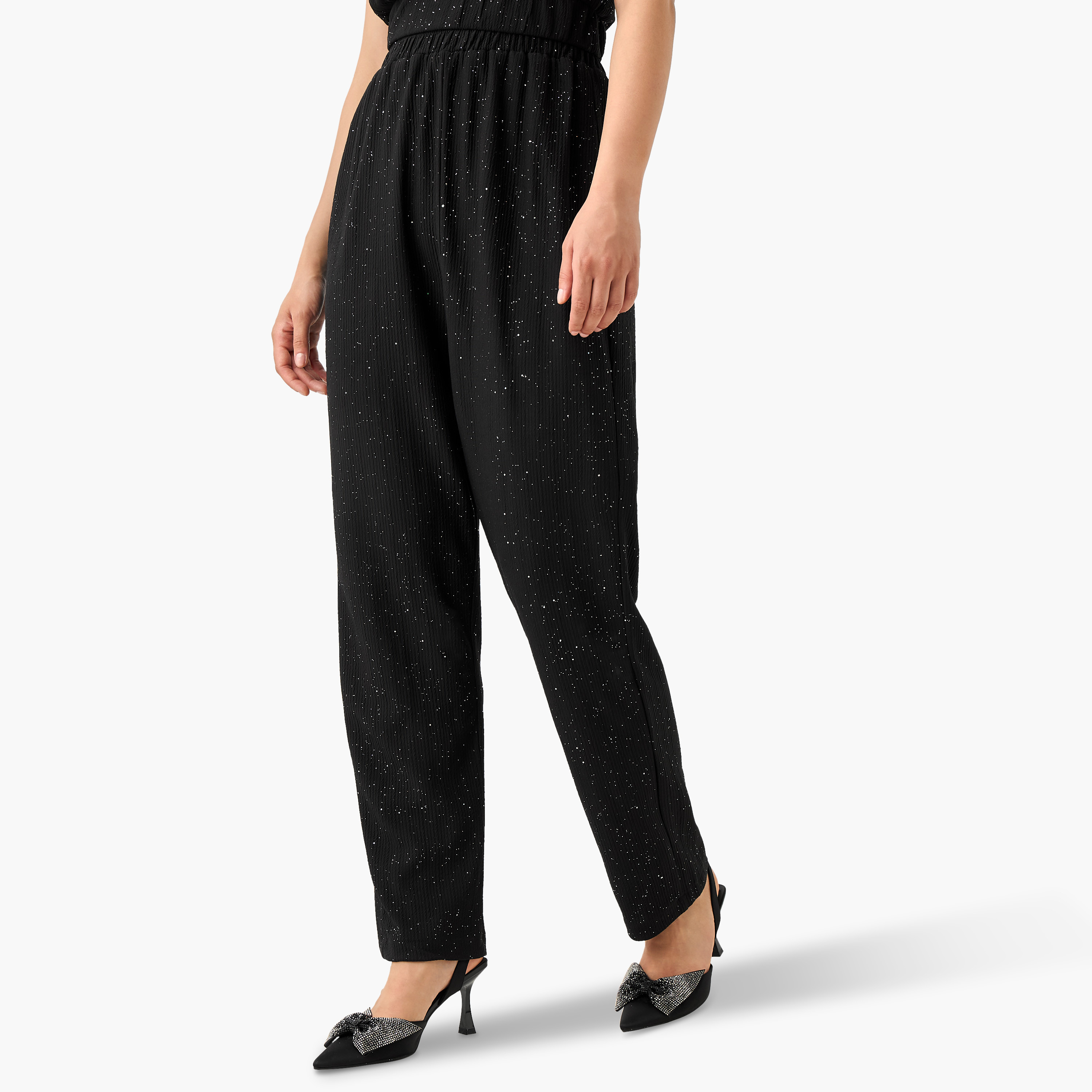 بلوزة قصيرة بارزة الملمس بياقة ماسية مع بنطلون وسترة طويلة من جولدن أبل-women-clothing-coordsets-image-3