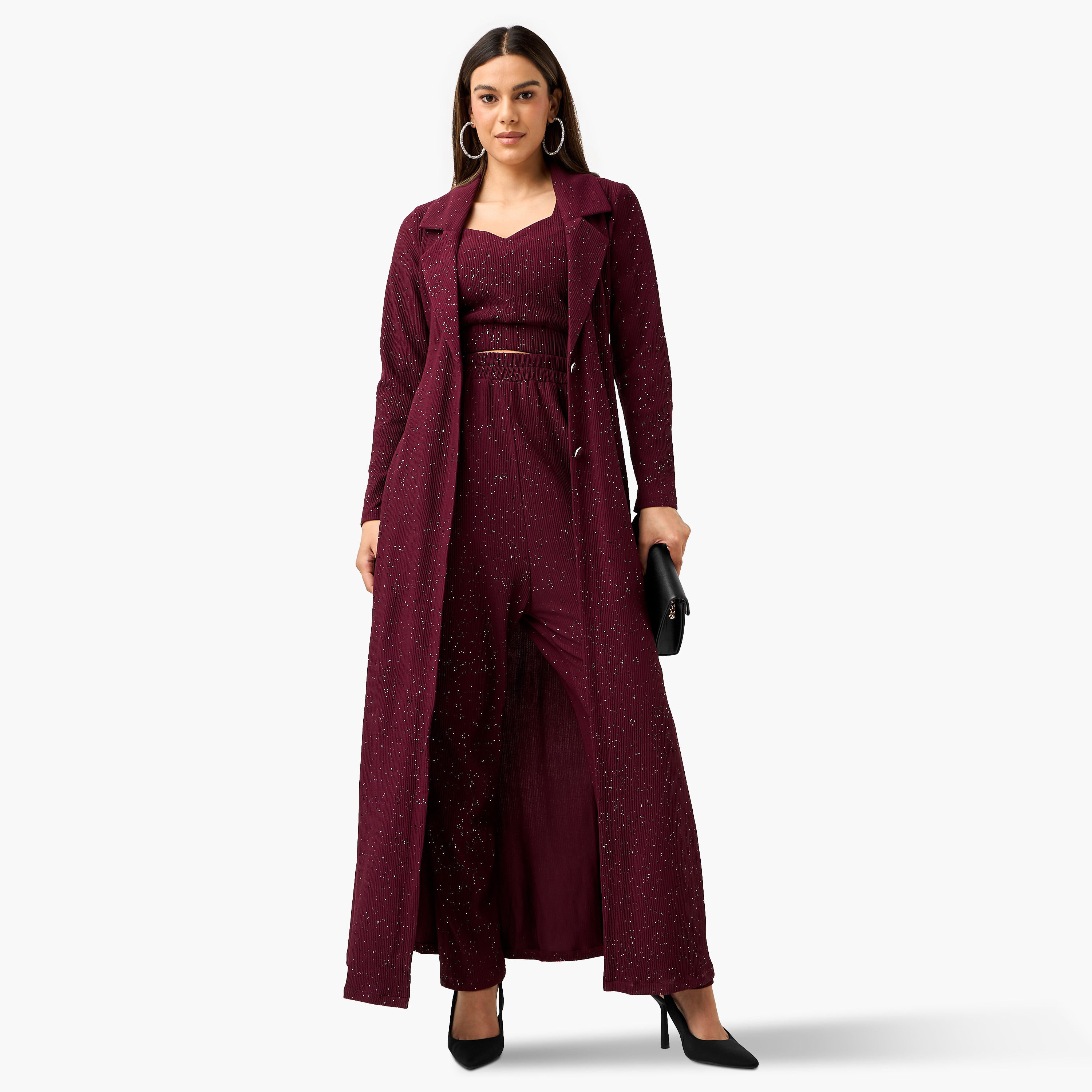 بلوزة قصيرة بارزة الملمس بياقة ماسية مع بنطلون وسترة طويلة من جولدن أبل-women-clothing-coordsets-image-7
