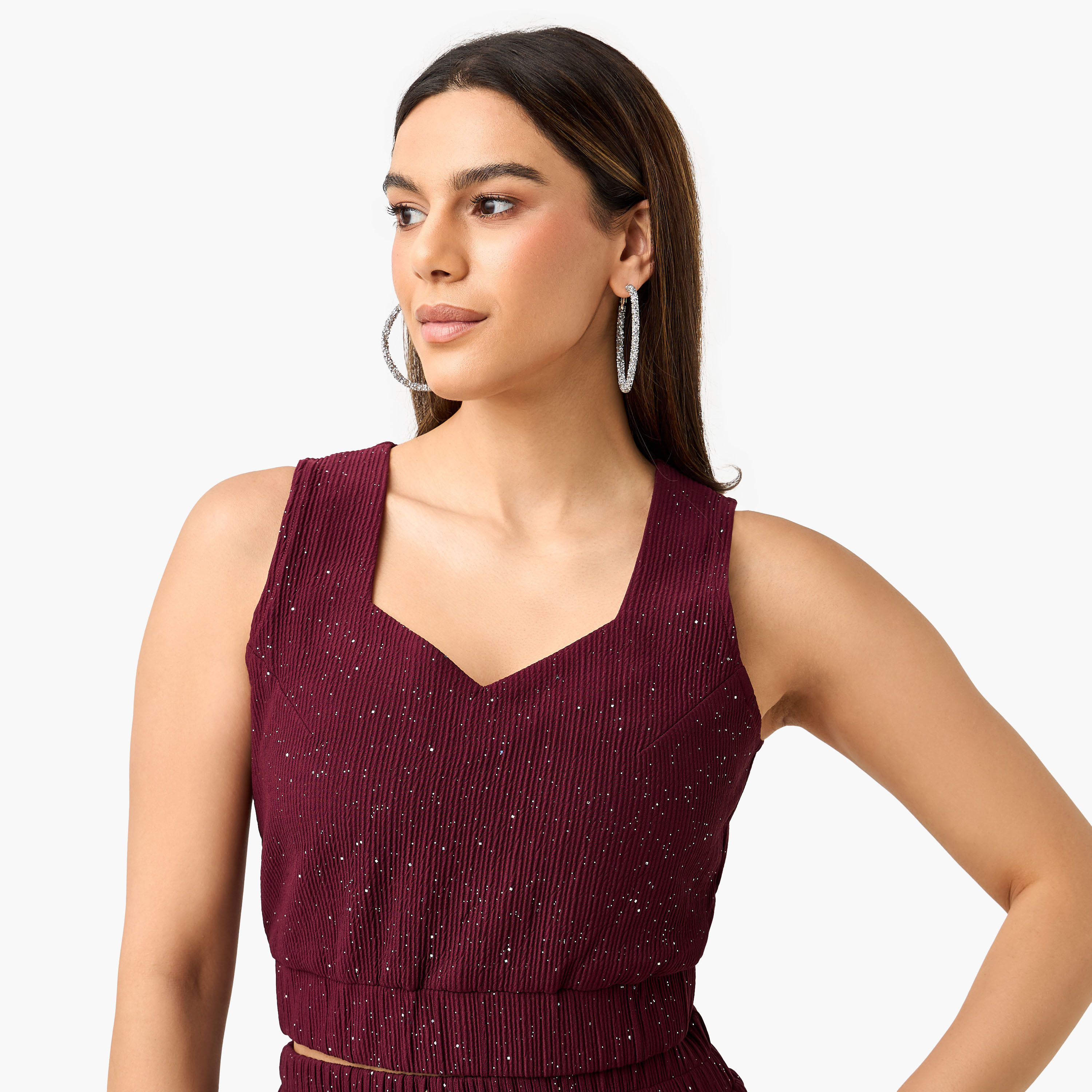 بلوزة قصيرة بارزة الملمس بياقة ماسية مع بنطلون وسترة طويلة من جولدن أبل-women-clothing-coordsets-image-8