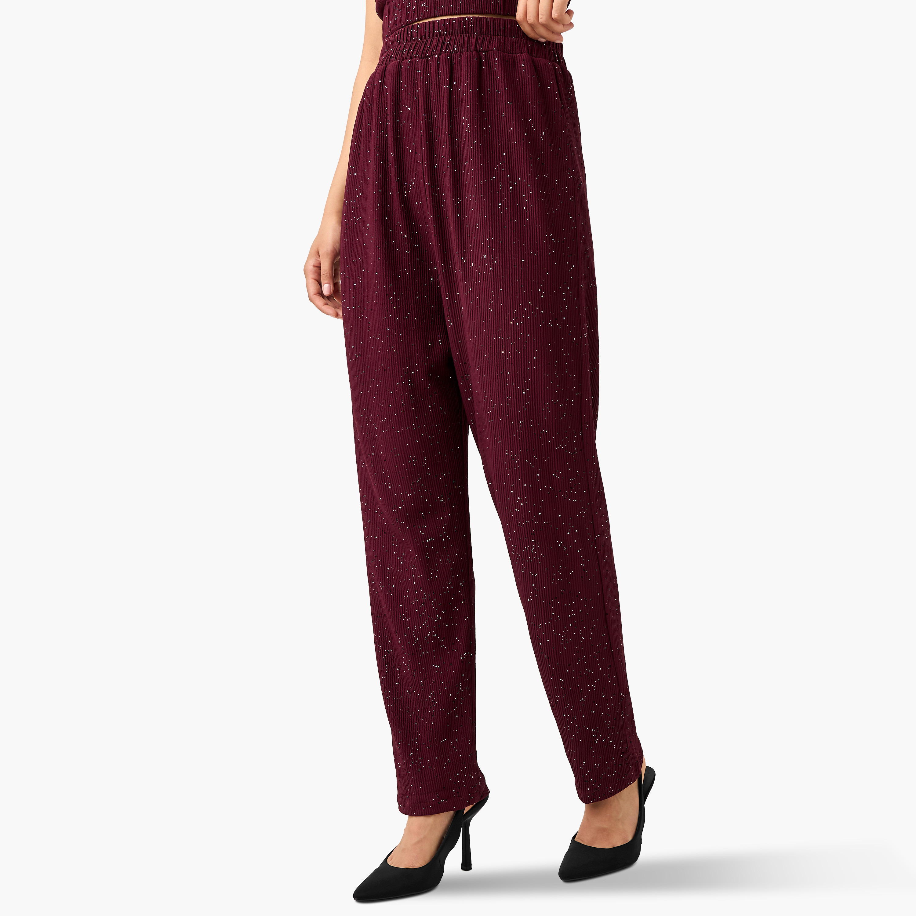 بلوزة قصيرة بارزة الملمس بياقة ماسية مع بنطلون وسترة طويلة من جولدن أبل-women-clothing-coordsets-image-9