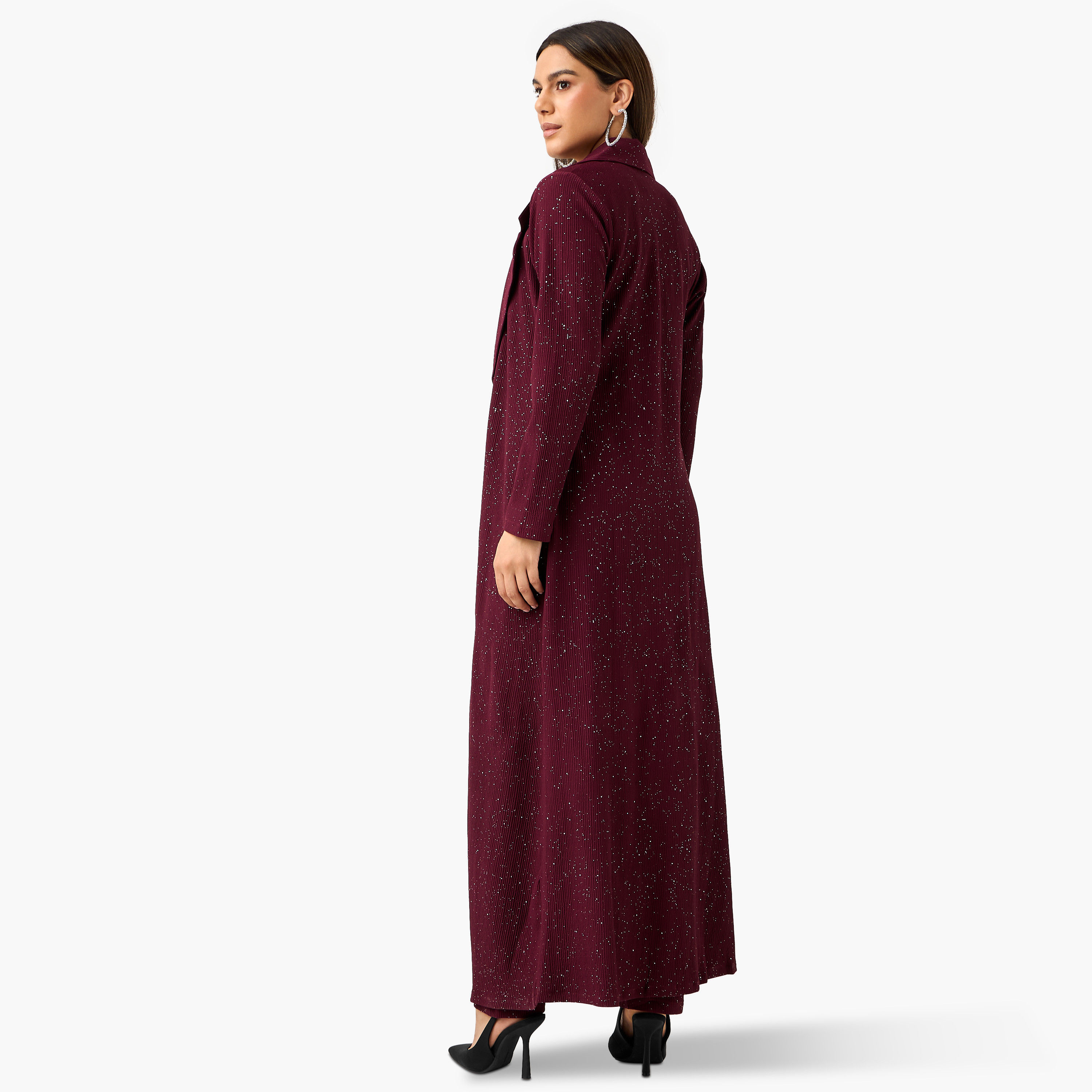 بلوزة قصيرة بارزة الملمس بياقة ماسية مع بنطلون وسترة طويلة من جولدن أبل-women-clothing-coordsets-image-10