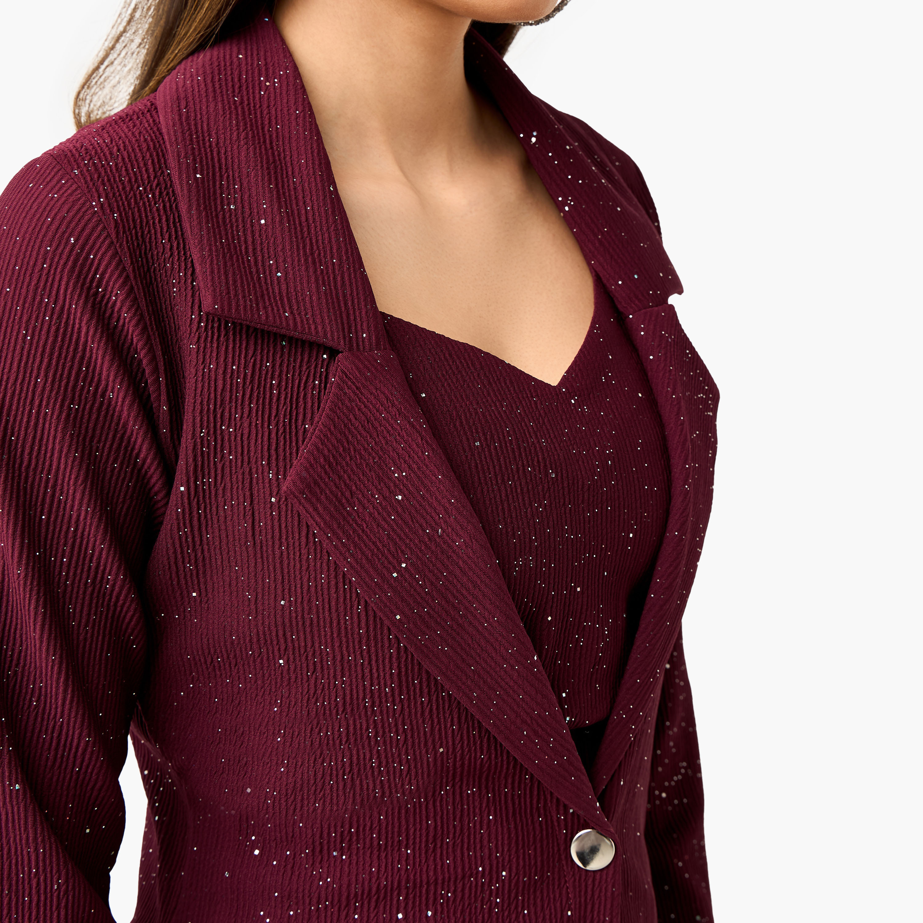 بلوزة قصيرة بارزة الملمس بياقة ماسية مع بنطلون وسترة طويلة من جولدن أبل-women-clothing-coordsets-image-11