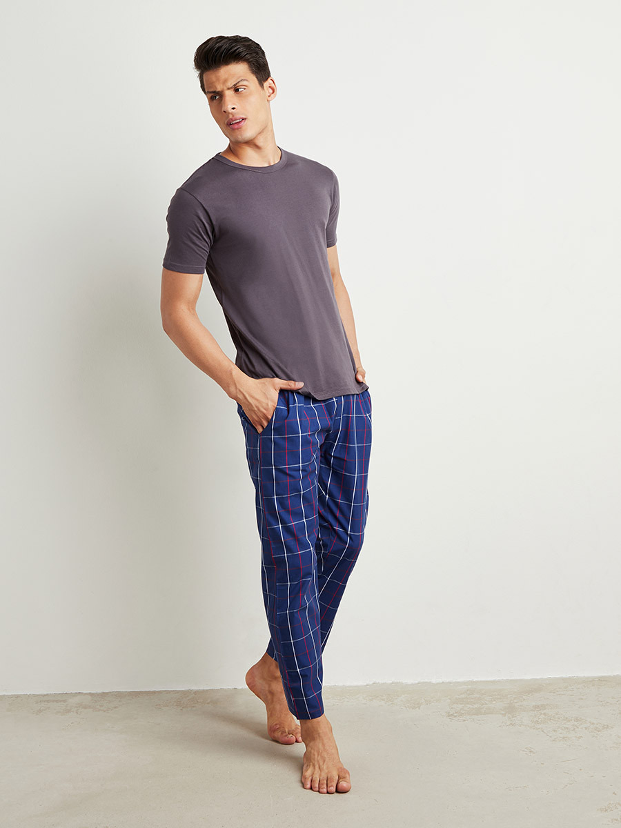 Solid Jersey T-shirt and Checked Straight Fit Pyjama Set-men-clothing-nightwear-tshirts-image-2