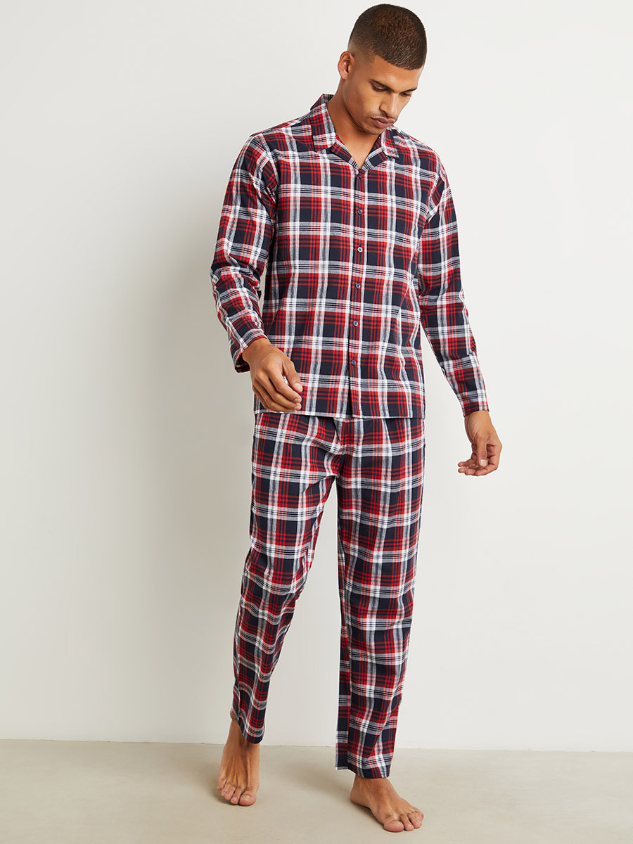 Cotton Checked Button Through Shirt and Pyjama Set-men-clothing-nightwear-tshirts-image-2