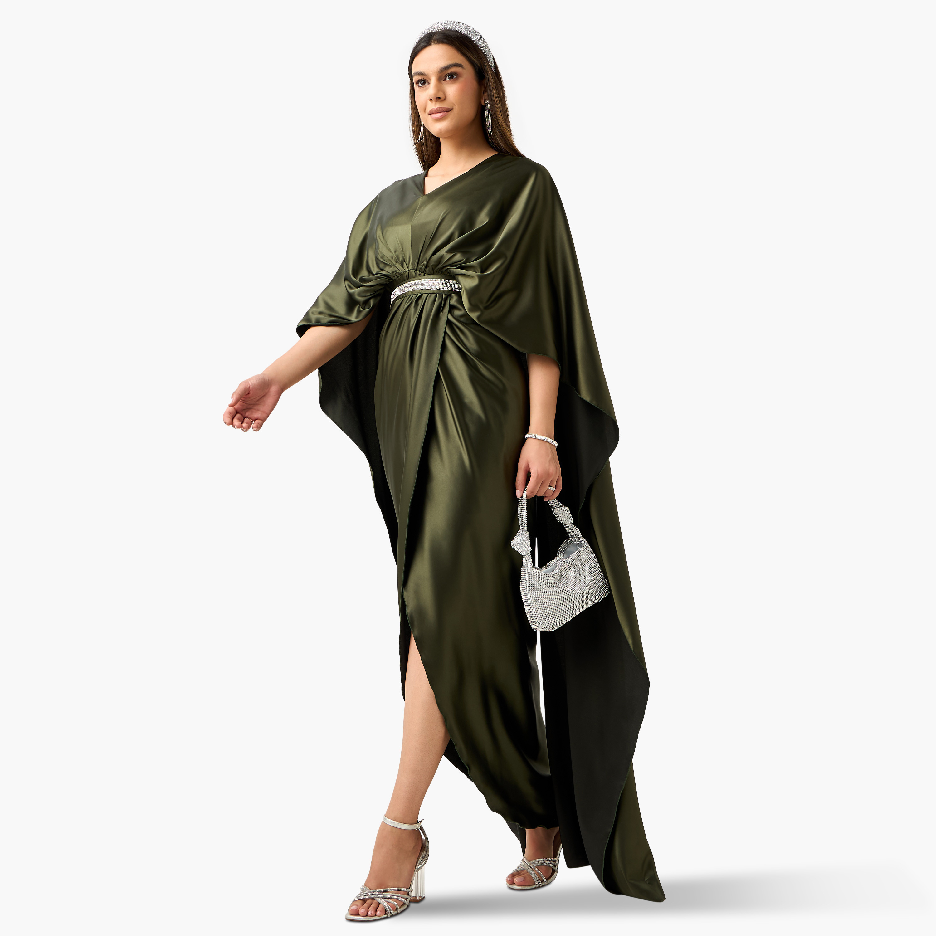 فستان مزين بكشكش وبياقة V وأكمام كاب من جولدن أبل-women-clothing-dresses-image-6