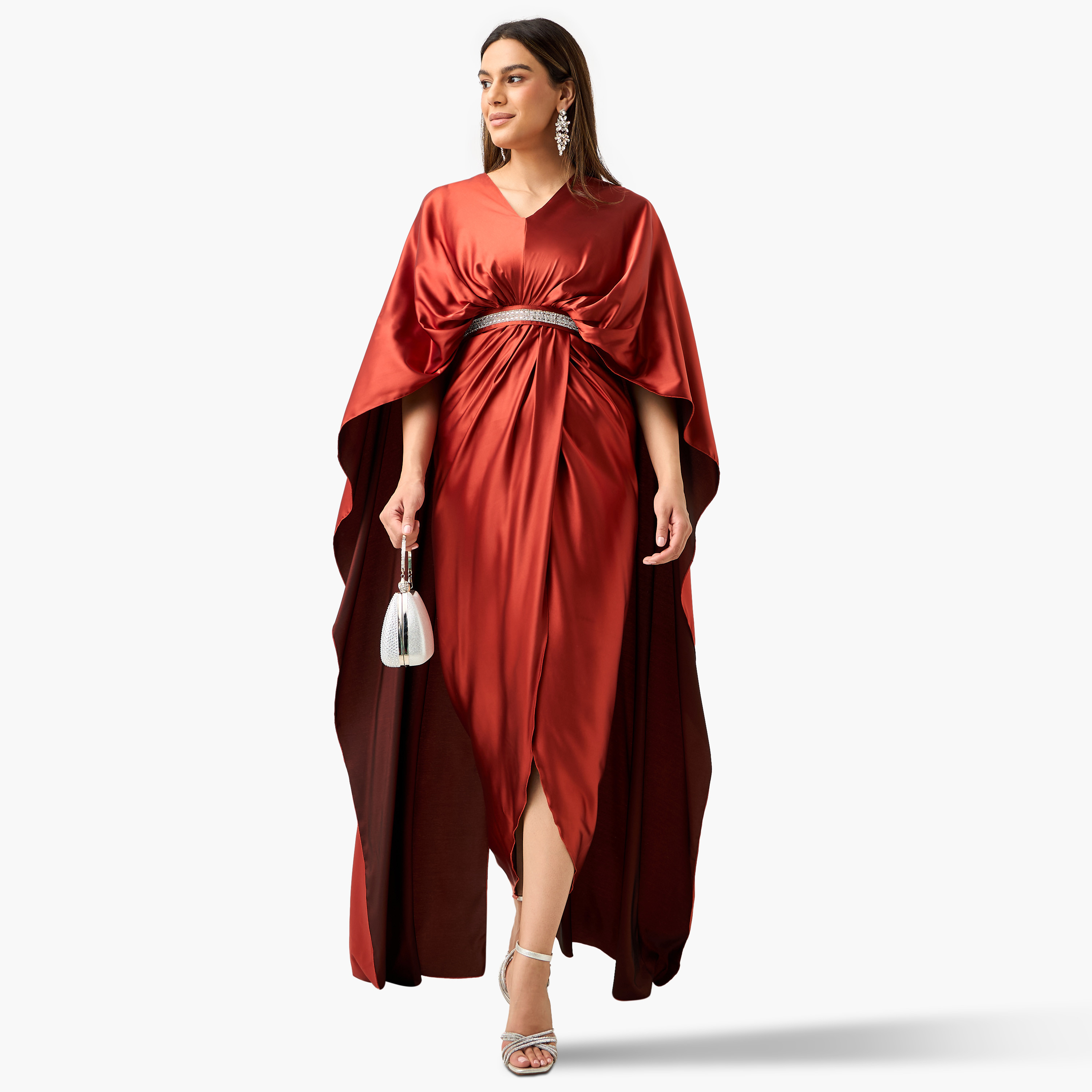 Golden Apple Embellished V-neck Draped Dress with Cape Sleeves-women-clothing-dresses-image-1