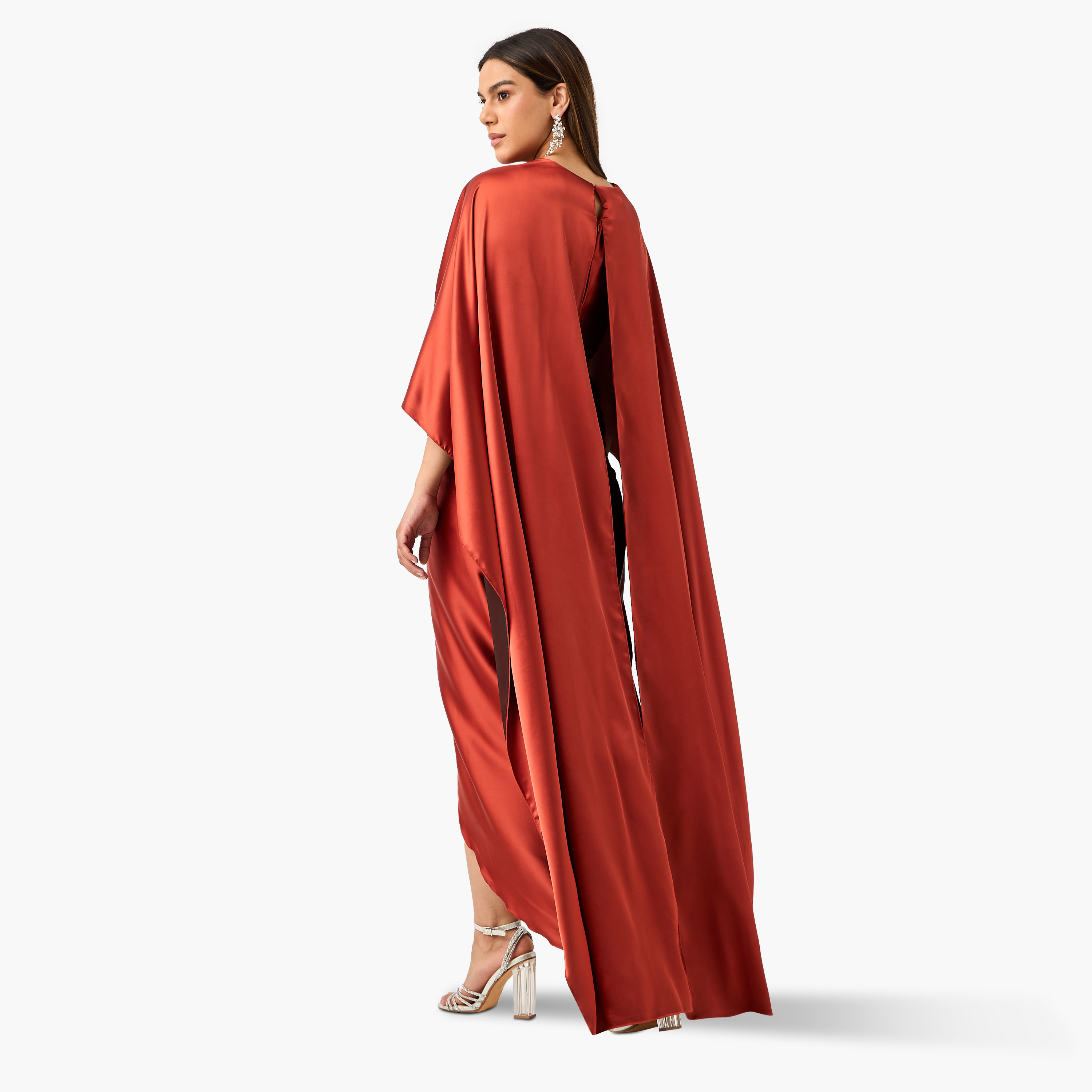 Golden Apple Embellished V-neck Draped Dress with Cape Sleeves-women-clothing-dresses-image-3