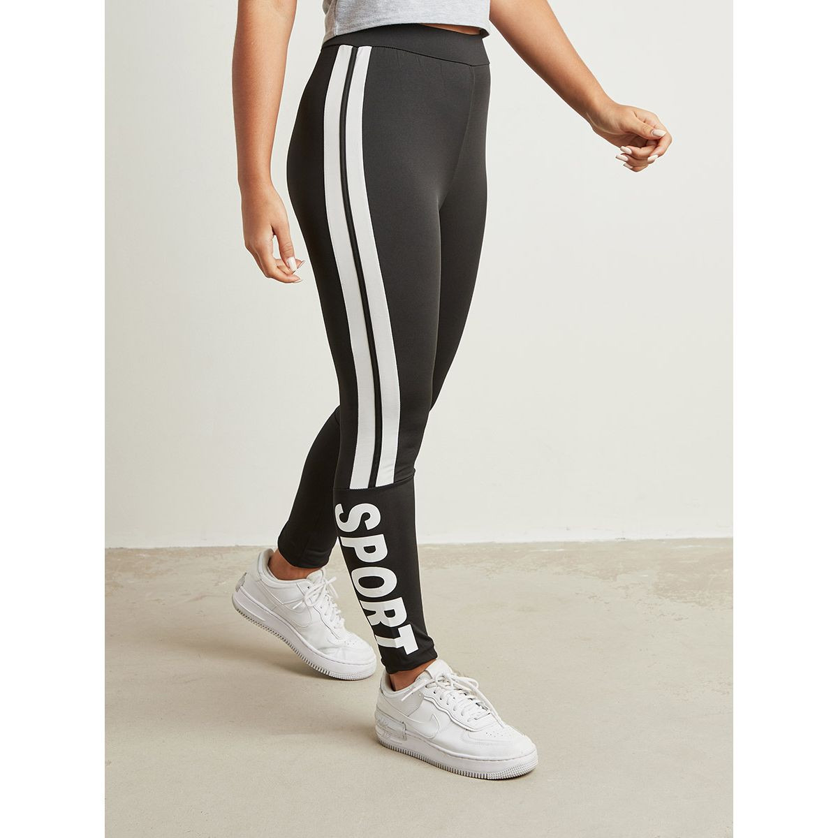 Styli Sport Striped Printed Panel Detail Leggings-women-clothing-leggings-image-1