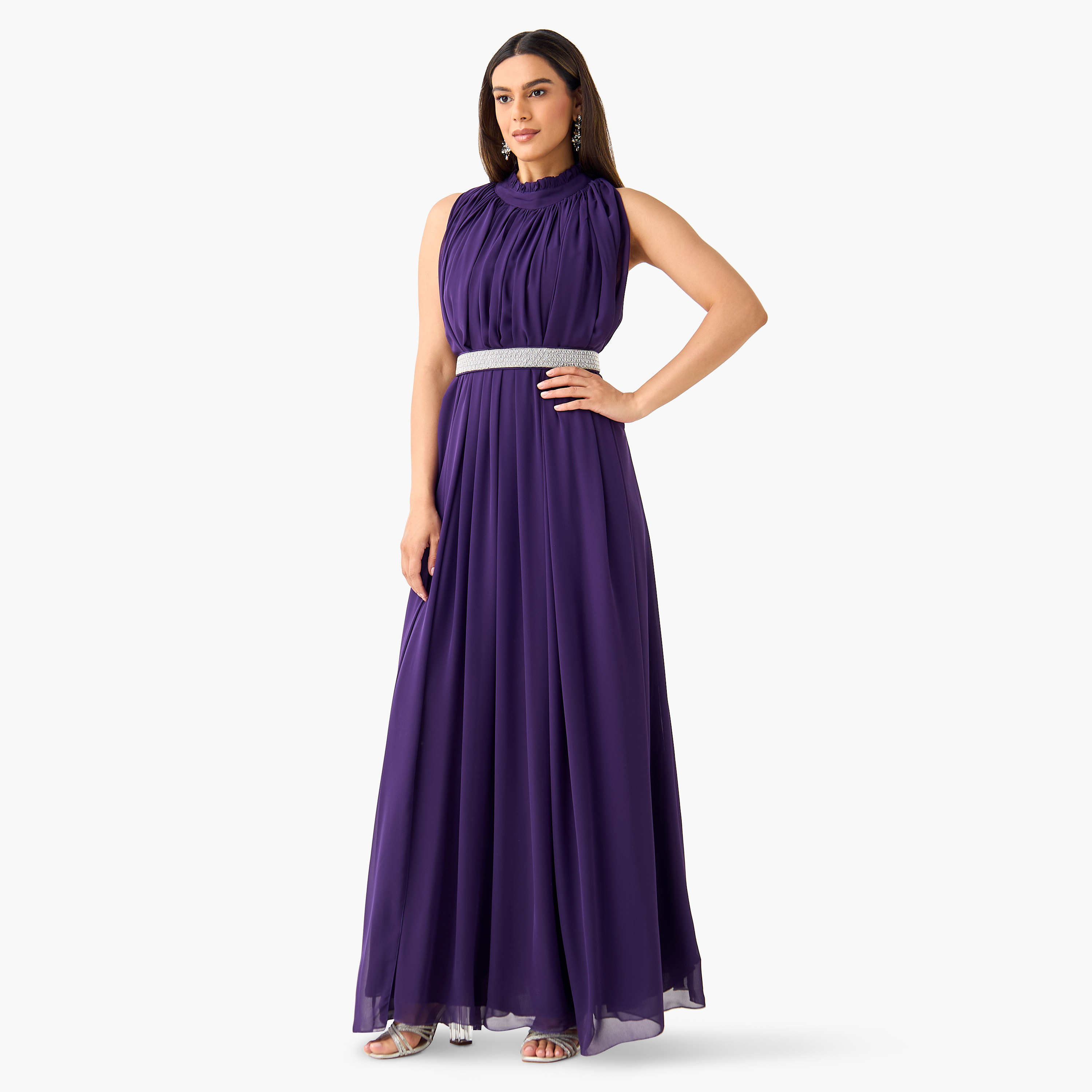 Golden Apple Solid Sleeveless Maxi Dress with Piecrust Neck and Embellished Belt-women-clothing-dresses-image-1