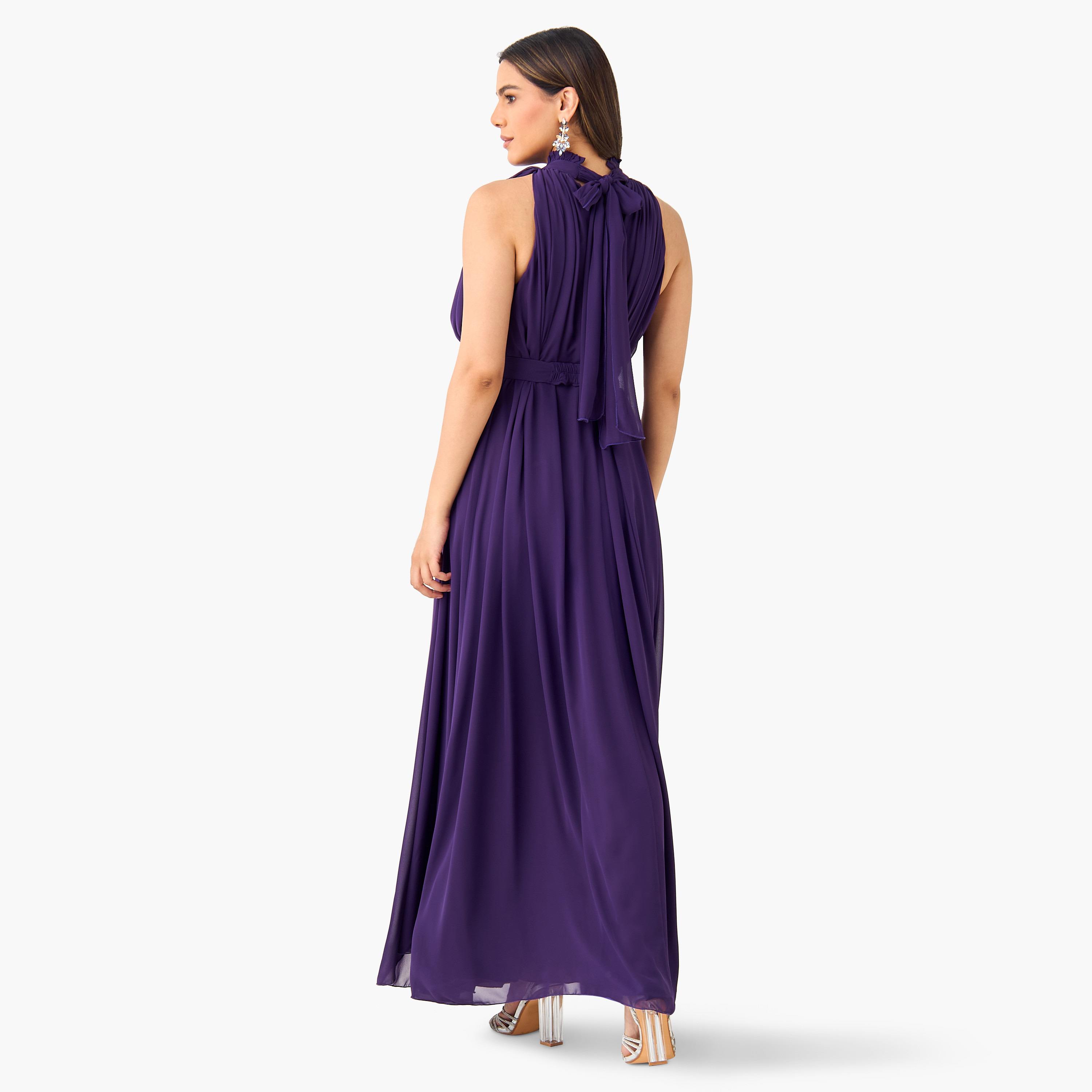 فستان ماكسي سادة بدون أكمام مع ياقة بايكريست وحزام مزين من جولدن آبل-women-clothing-dresses-image-8