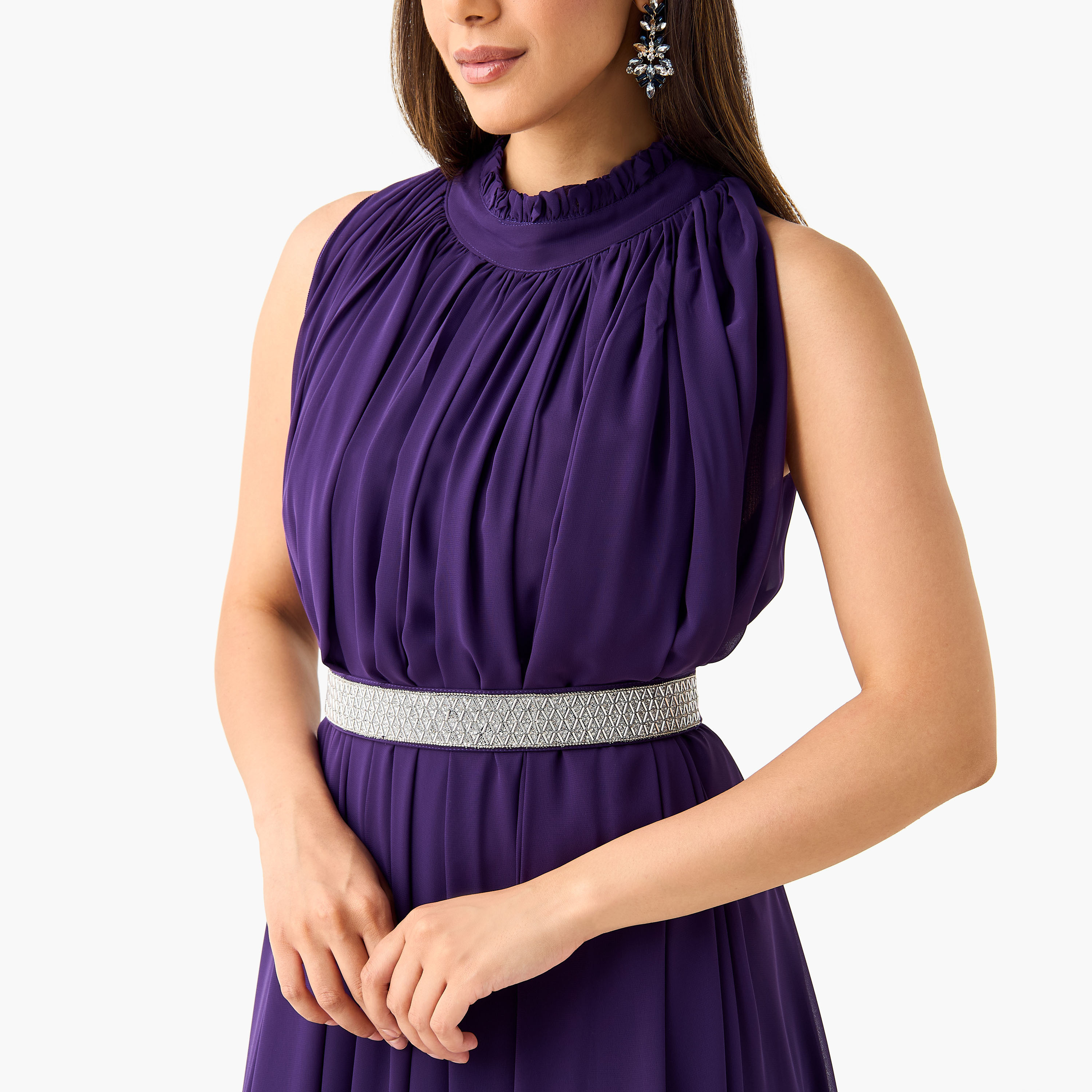Golden Apple Solid Sleeveless Maxi Dress with Piecrust Neck and Embellished Belt-women-clothing-dresses-image-4