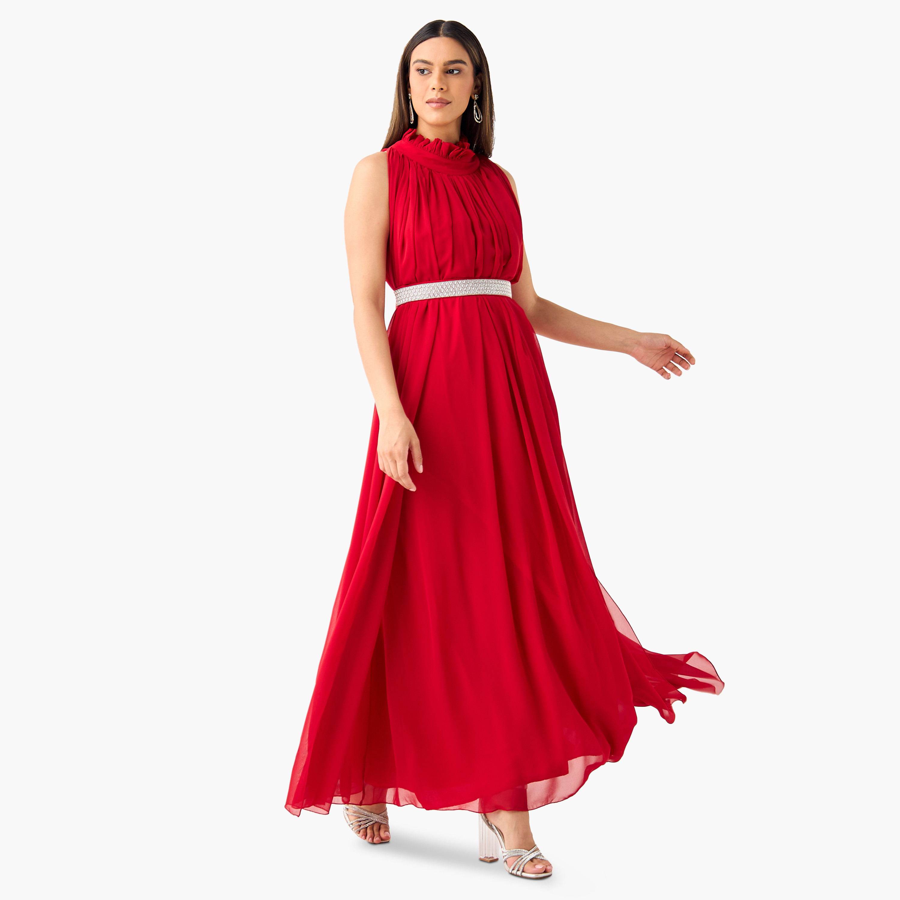 فستان ماكسي سادة بدون أكمام مع ياقة بايكريست وحزام مزين من جولدن آبل-women-clothing-dresses-image-1