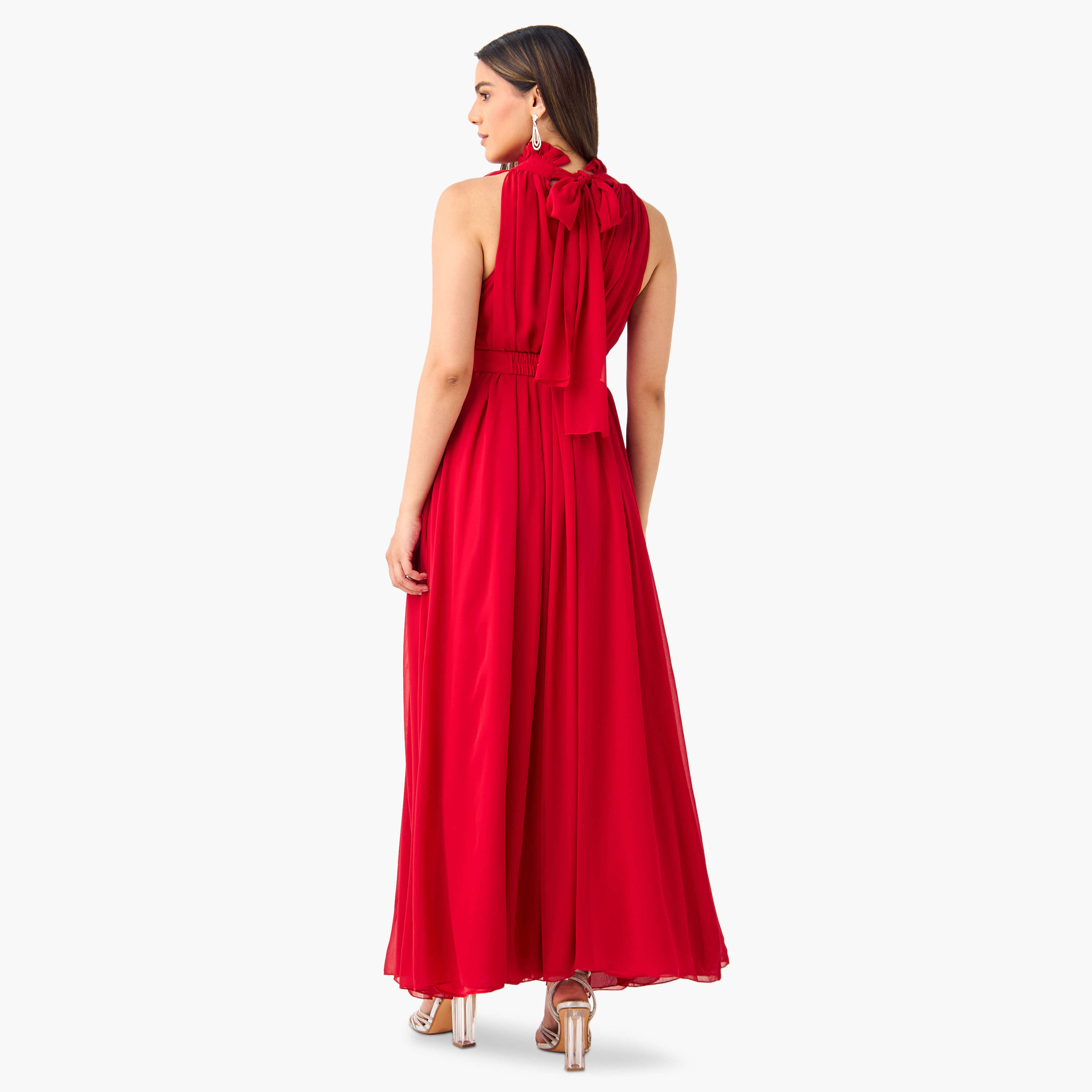 فستان ماكسي سادة بدون أكمام مع ياقة بايكريست وحزام مزين من جولدن آبل-women-clothing-dresses-image-2