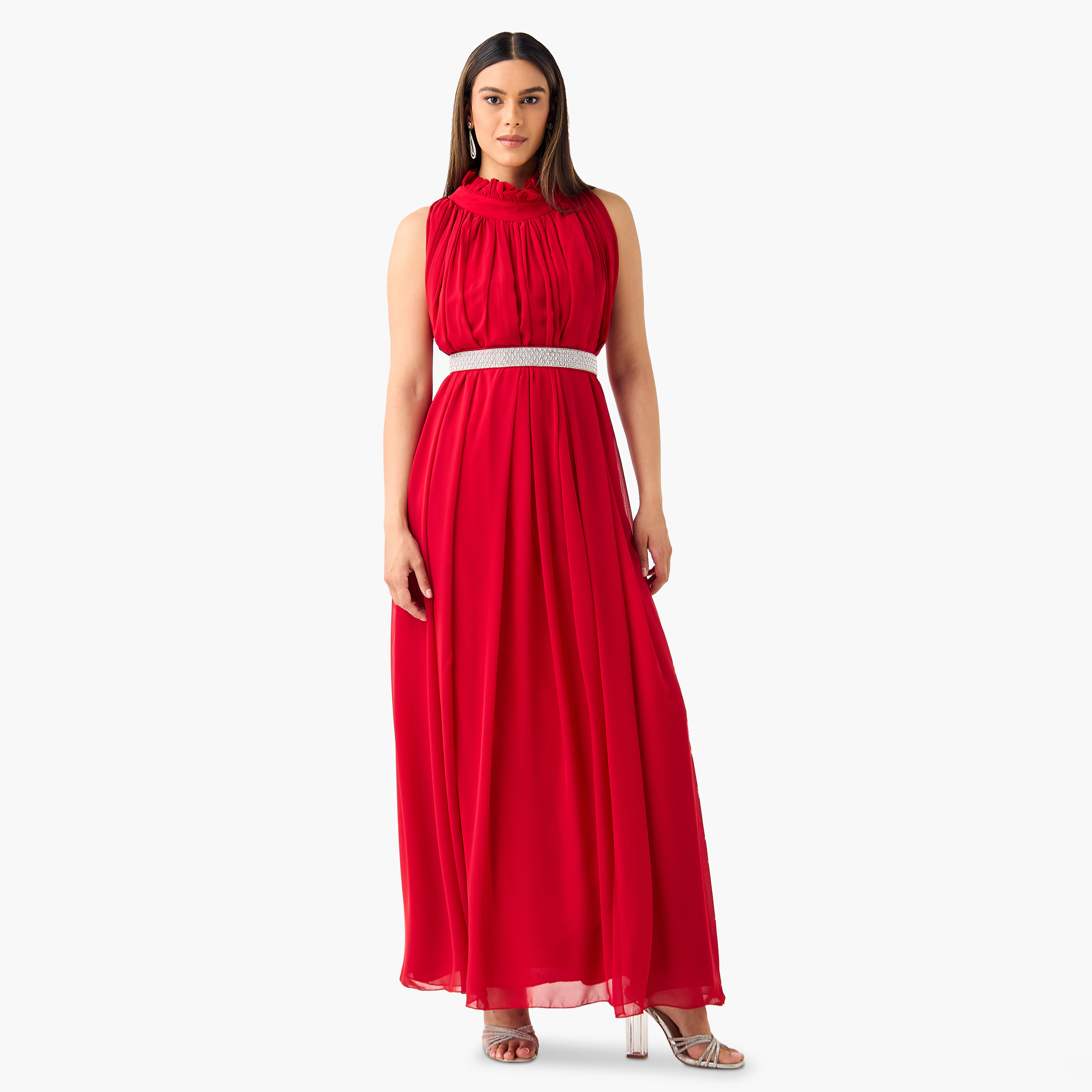 فستان ماكسي سادة بدون أكمام مع ياقة بايكريست وحزام مزين من جولدن آبل-women-clothing-dresses-image-3