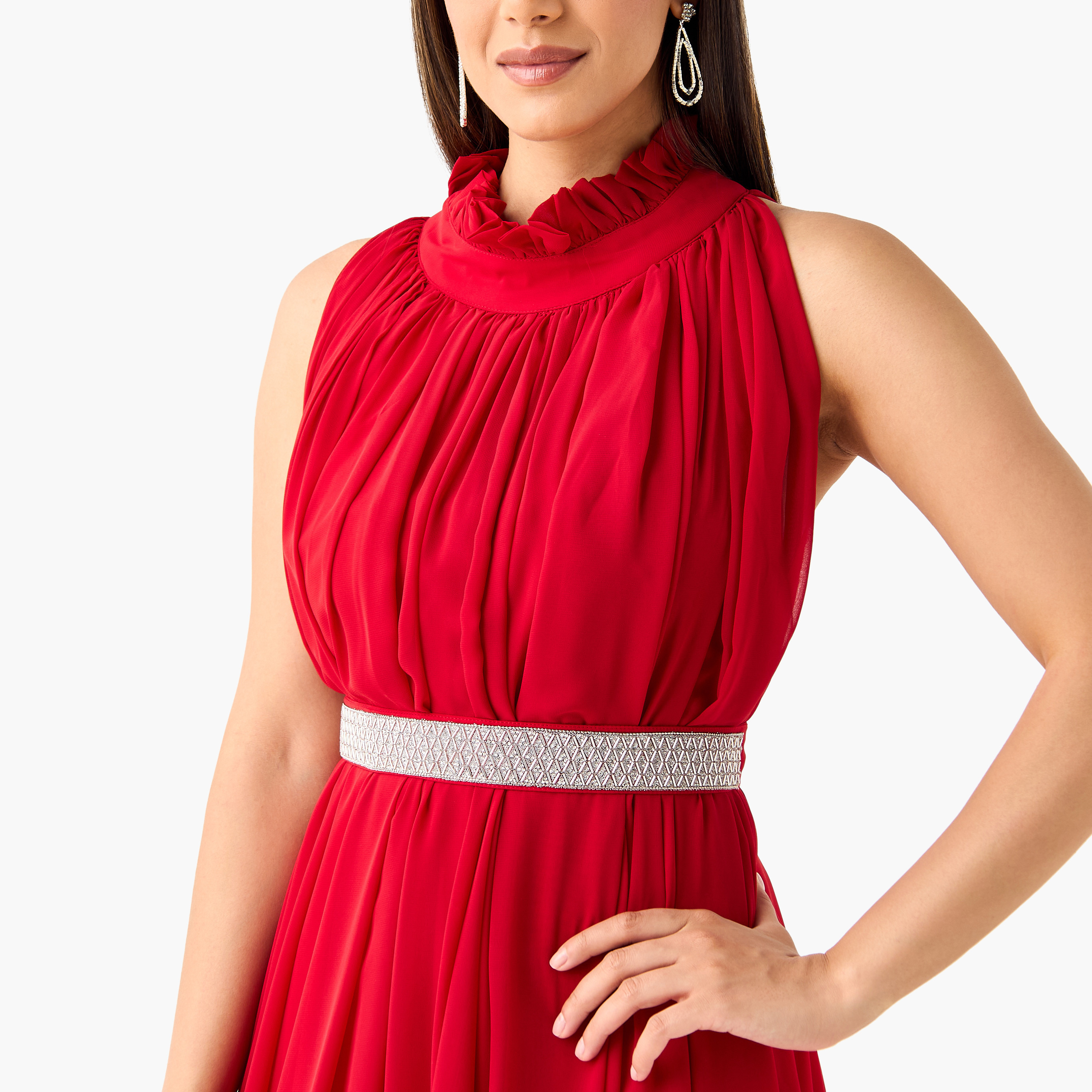 فستان ماكسي سادة بدون أكمام مع ياقة بايكريست وحزام مزين من جولدن آبل-women-clothing-dresses-image-4