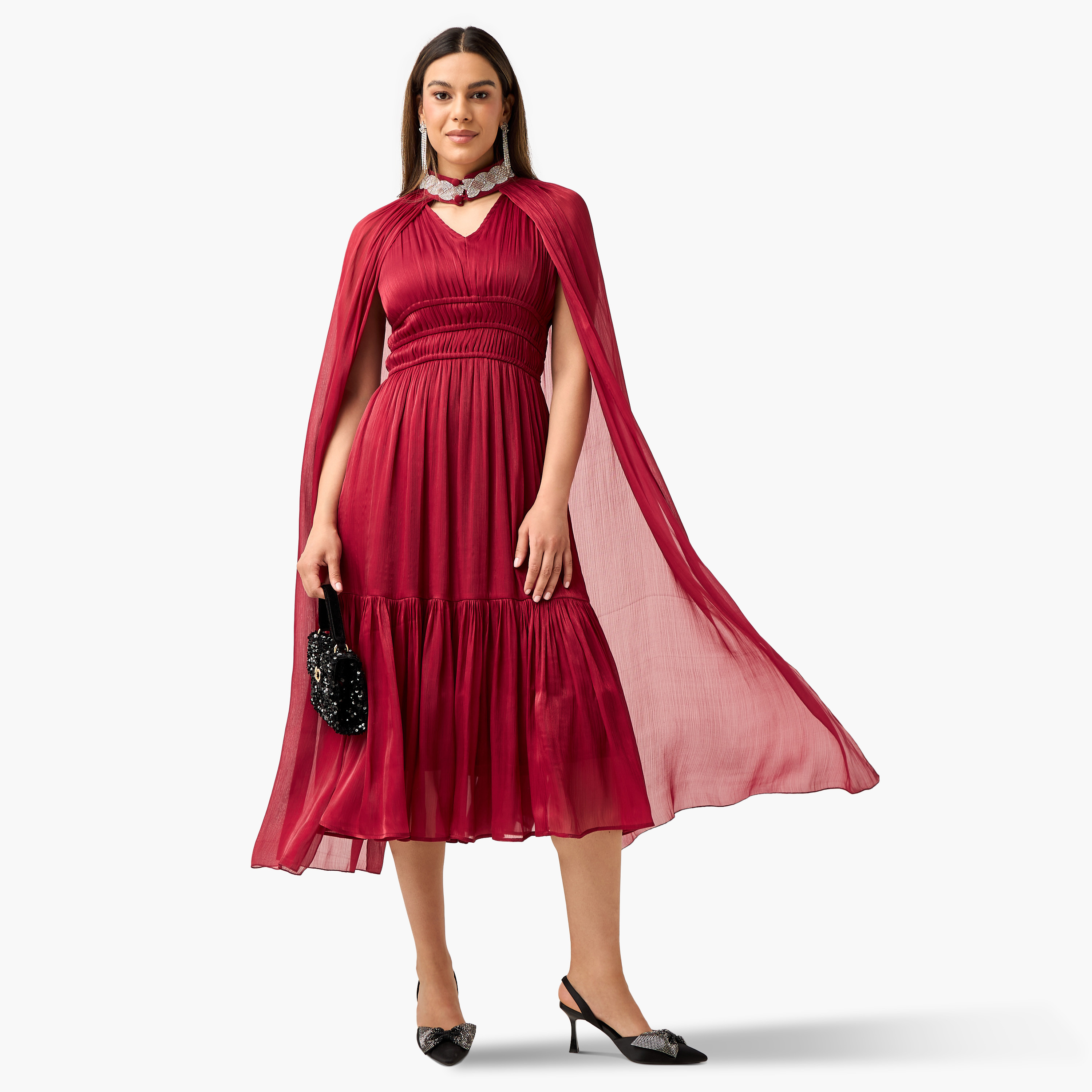 Golden Apple Textured Sleeveless Dress with Mandarin Collar Cape-women-clothing-dresses-image-1