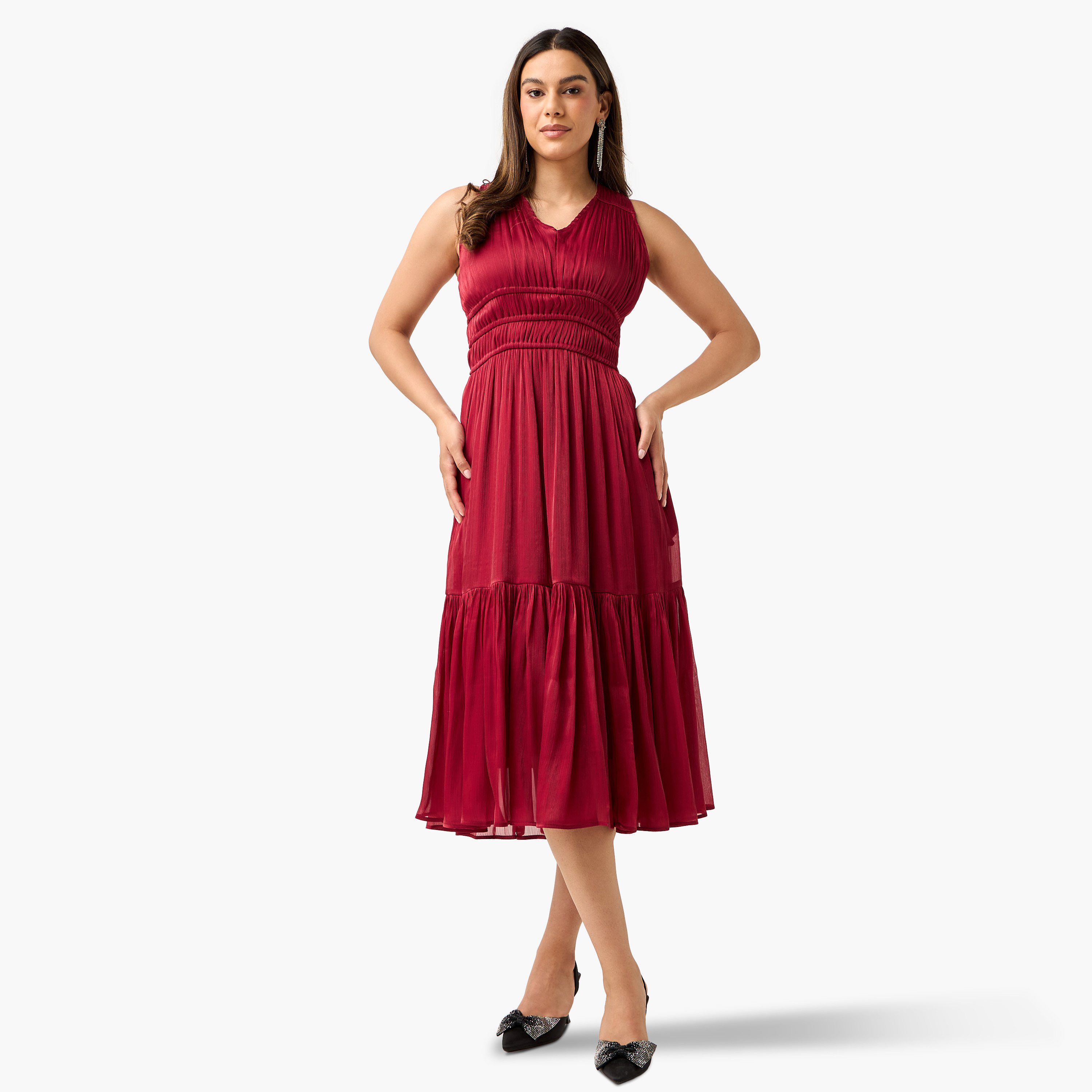 فستان بارز الملمس دون أكمام مع كاب بياقة ماندارين من جولدن أبل-women-clothing-dresses-image-2