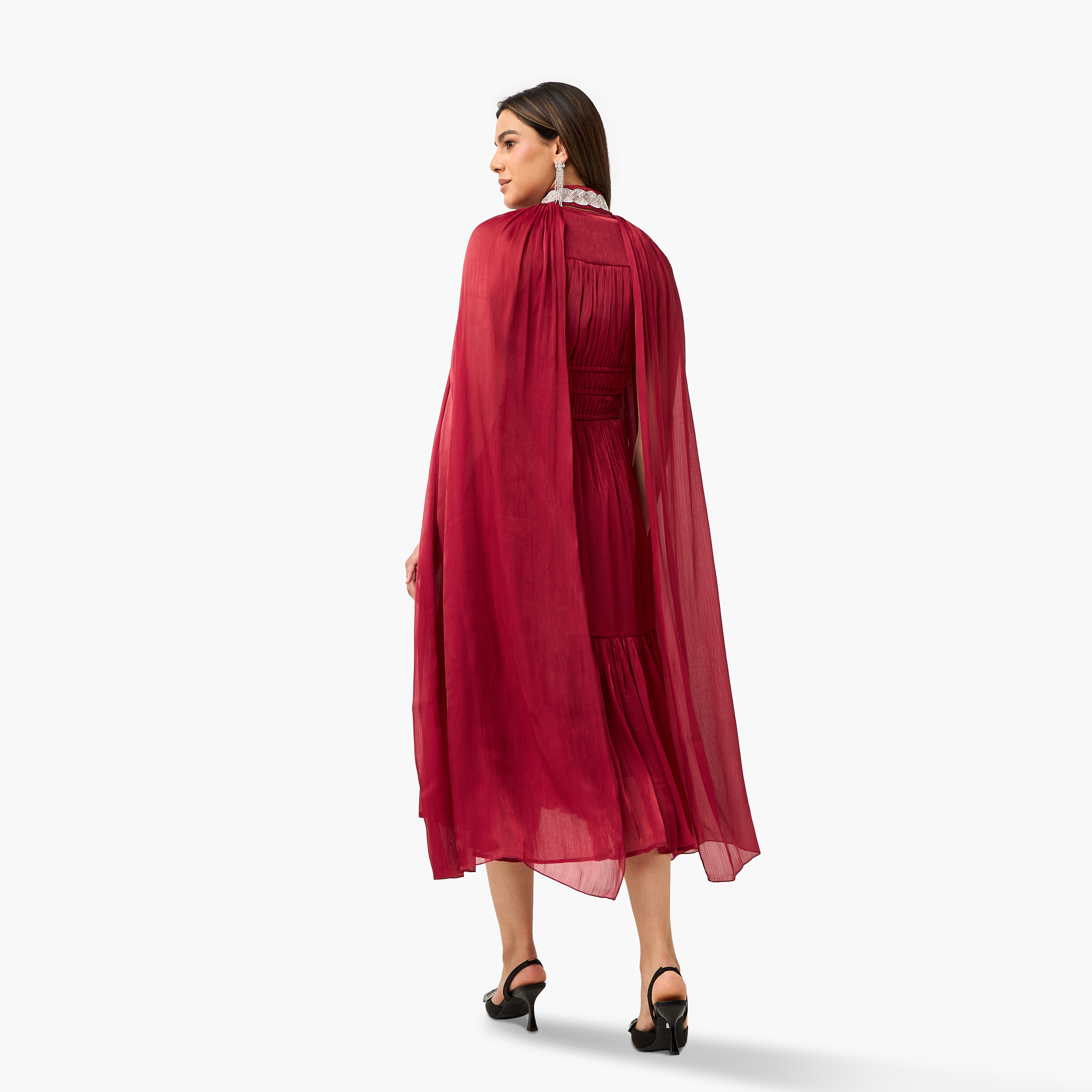 Golden Apple Textured Sleeveless Dress with Mandarin Collar Cape-women-clothing-dresses-image-3