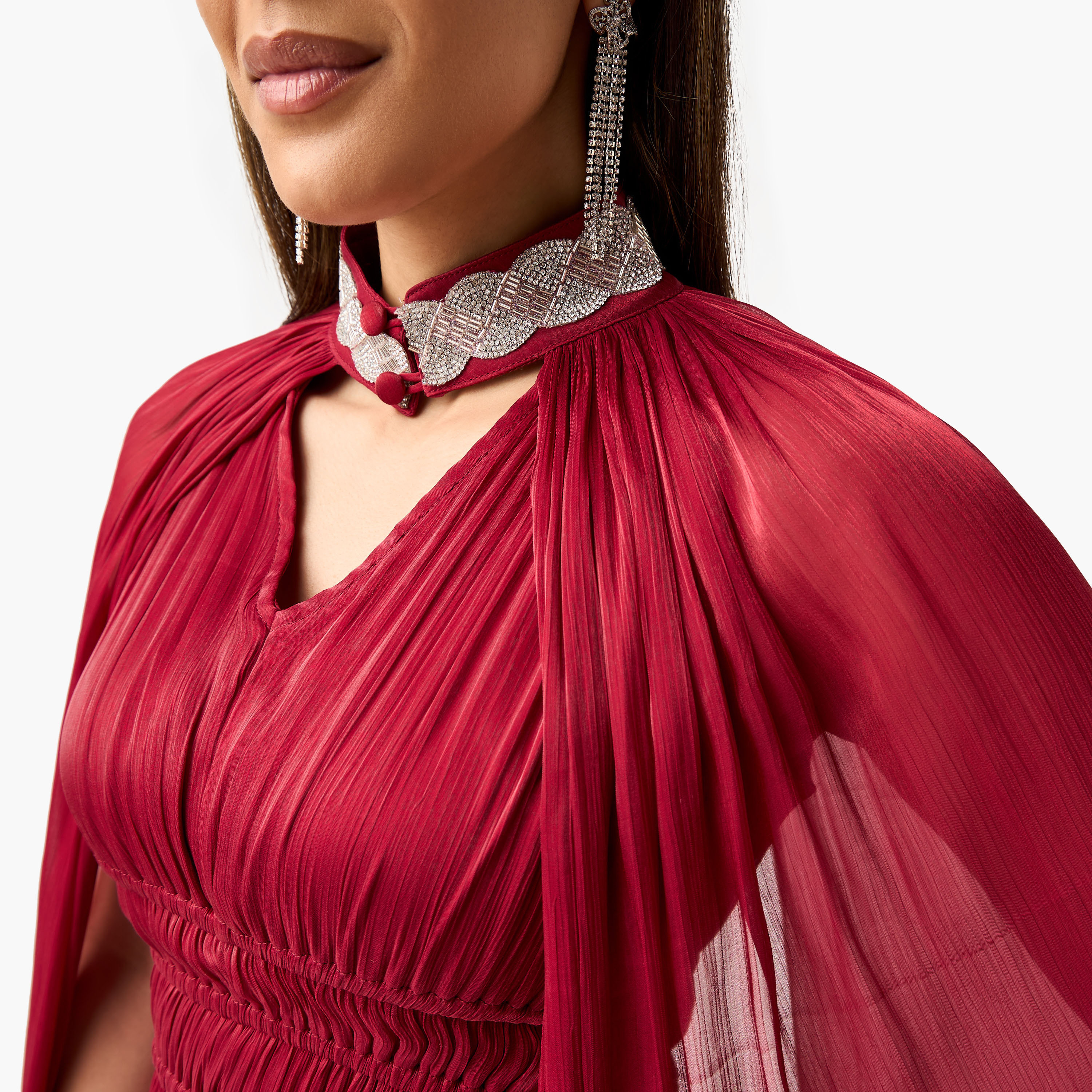 Golden Apple Textured Sleeveless Dress with Mandarin Collar Cape-women-clothing-dresses-image-4