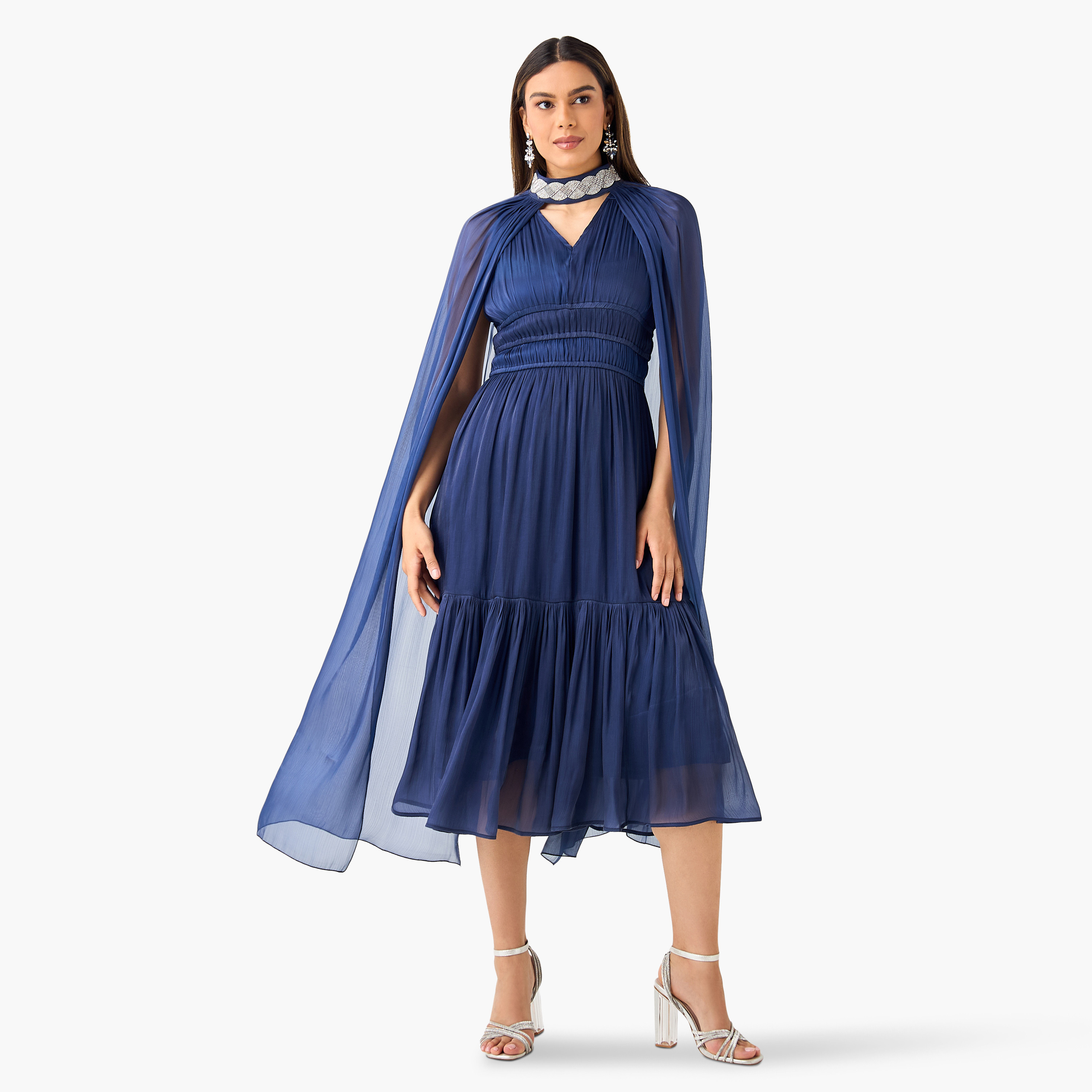 فستان بارز الملمس دون أكمام مع كاب بياقة ماندارين من جولدن أبل-women-clothing-dresses-image-6