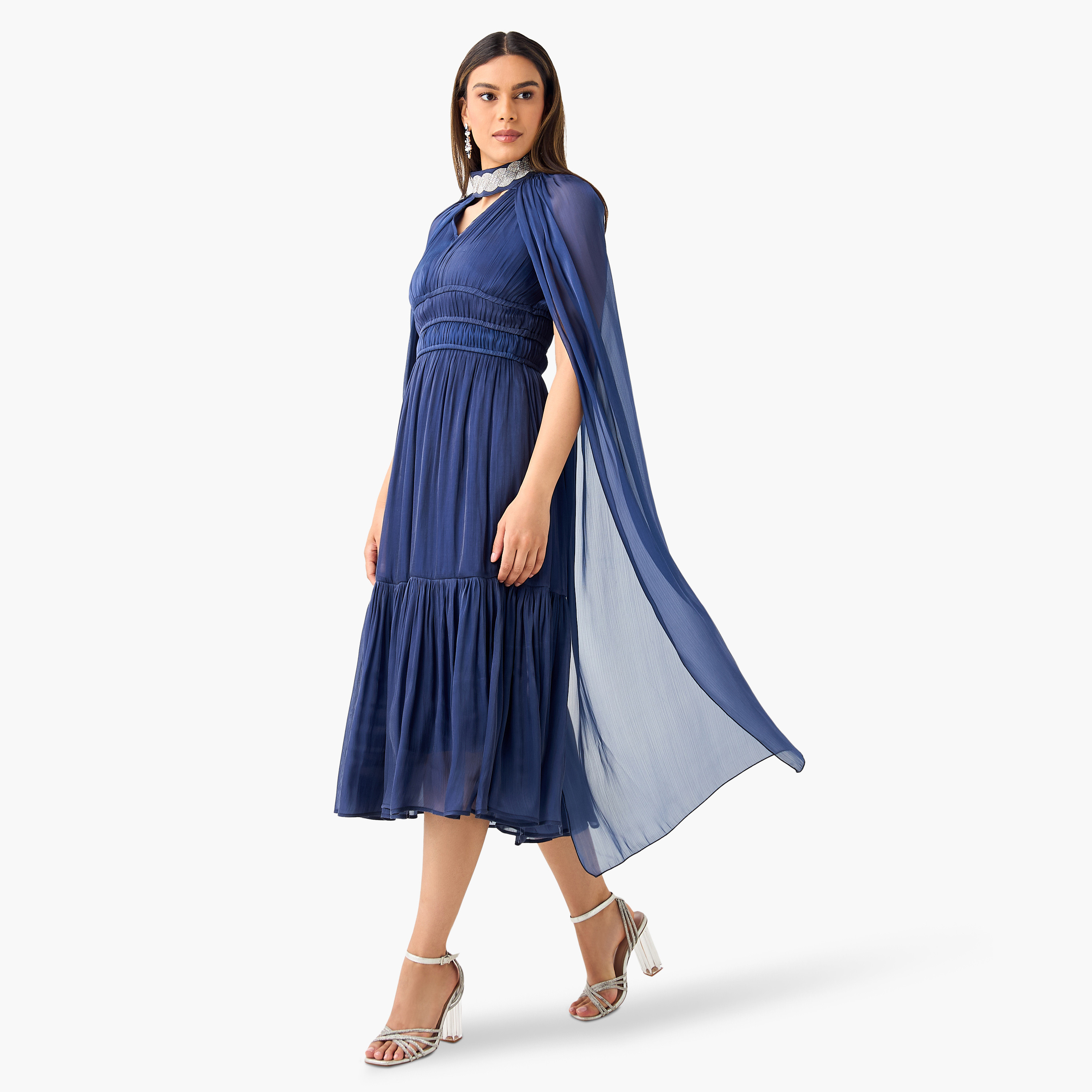 فستان بارز الملمس دون أكمام مع كاب بياقة ماندارين من جولدن أبل-women-clothing-dresses-image-7