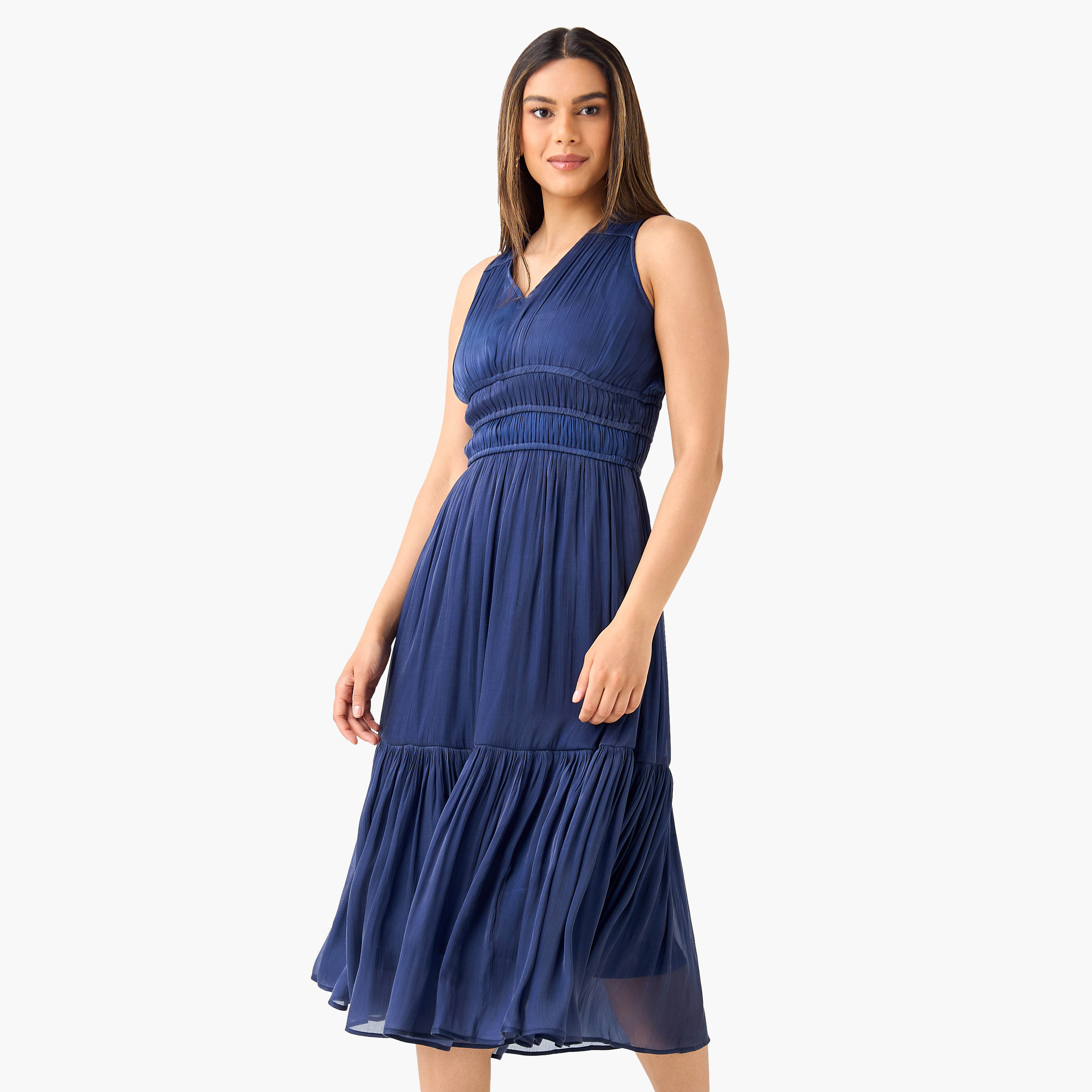 فستان بارز الملمس دون أكمام مع كاب بياقة ماندارين من جولدن أبل-women-clothing-dresses-image-8