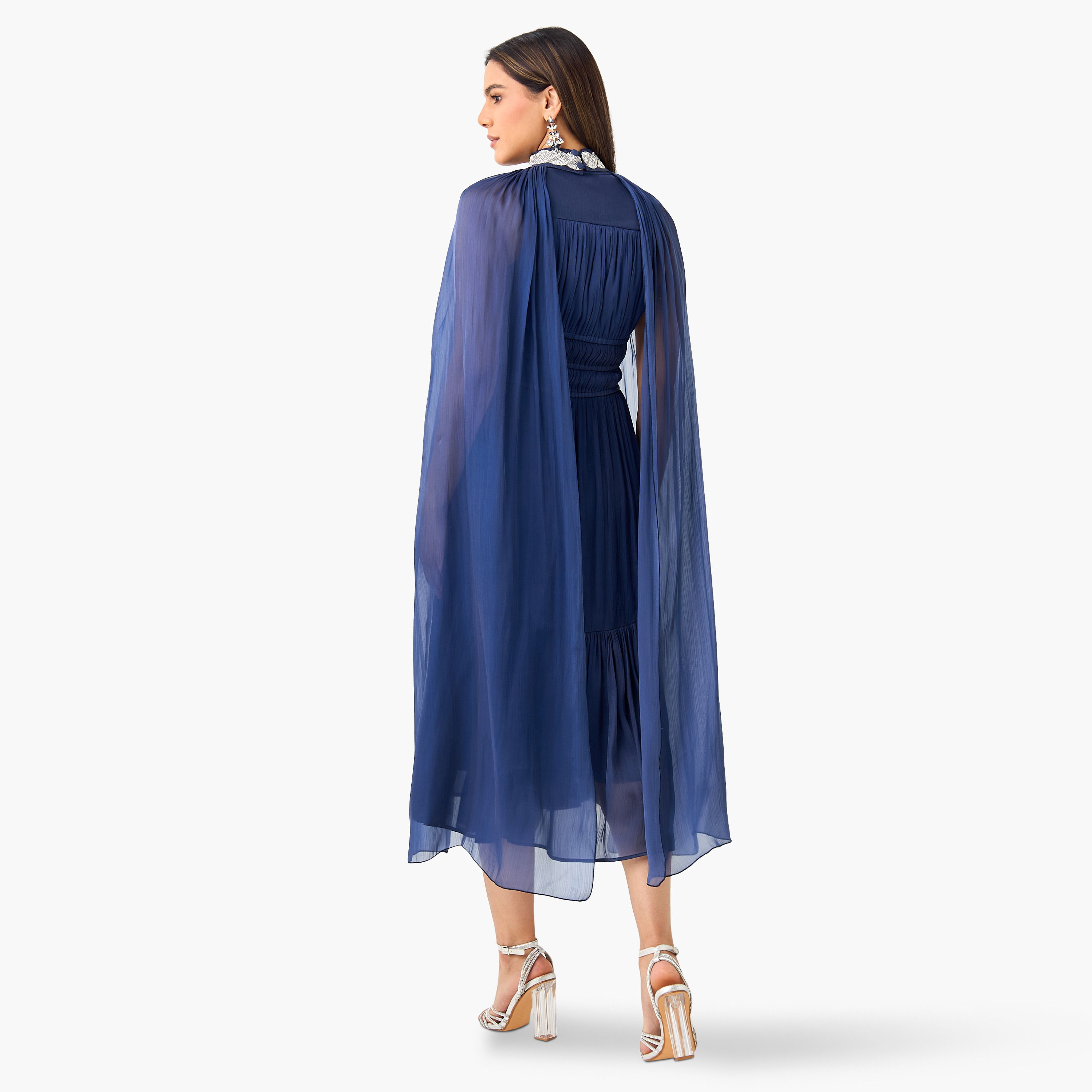 فستان بارز الملمس دون أكمام مع كاب بياقة ماندارين من جولدن أبل-women-clothing-dresses-image-9
