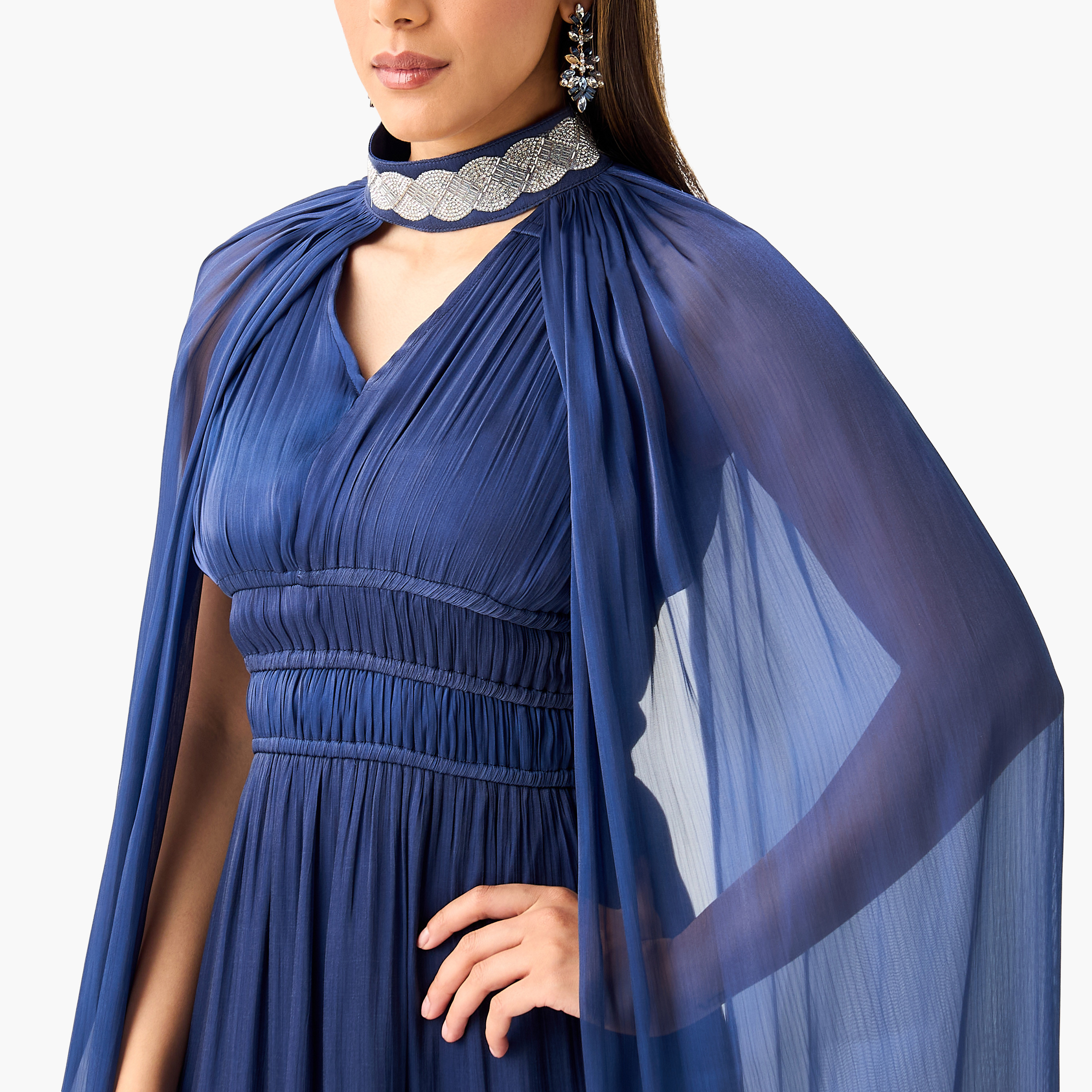 فستان بارز الملمس دون أكمام مع كاب بياقة ماندارين من جولدن أبل-women-clothing-dresses-image-10