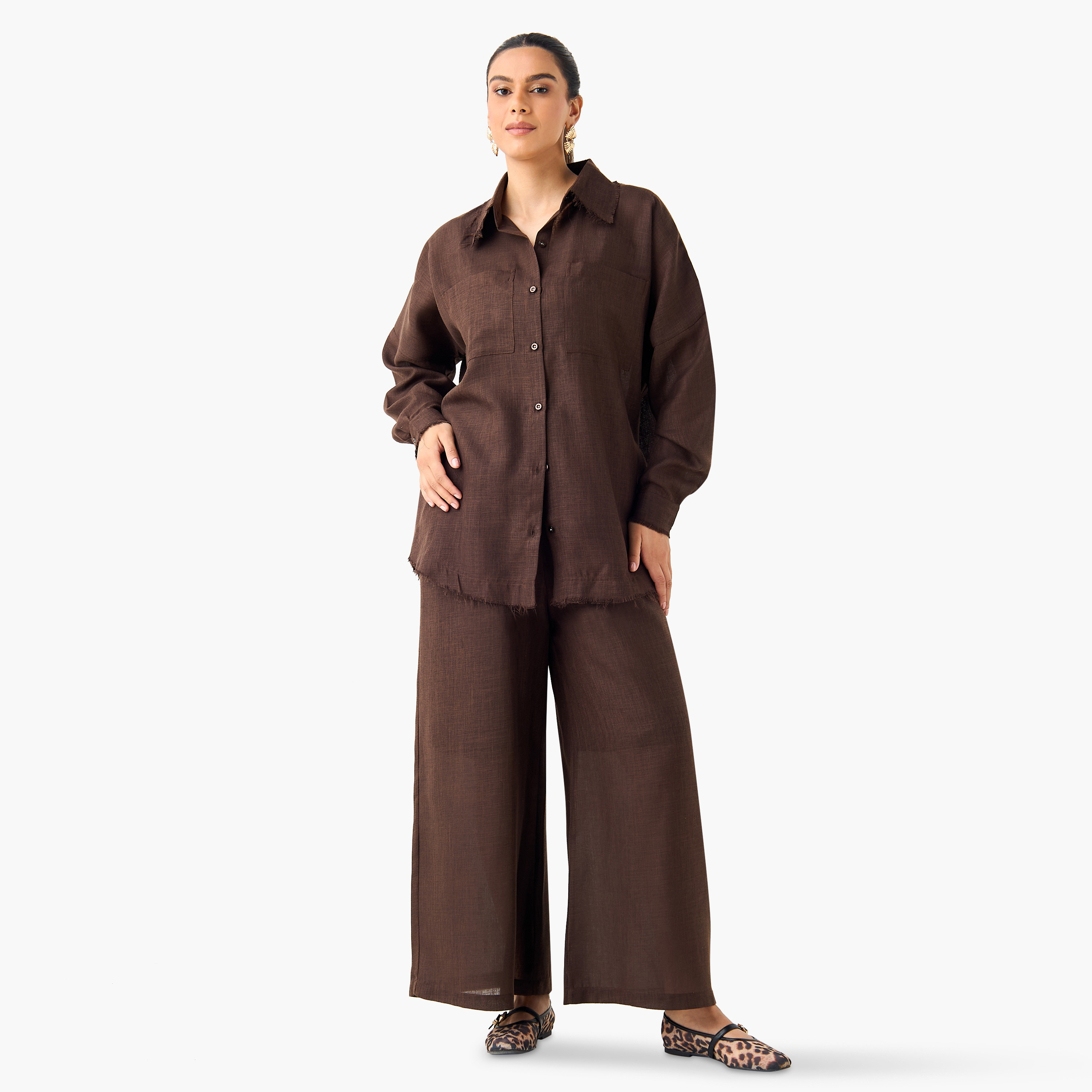 طقم قميص سادة وبنطلون واسع الساقين من جولدن آبل-women-clothing-coordsets-image-7