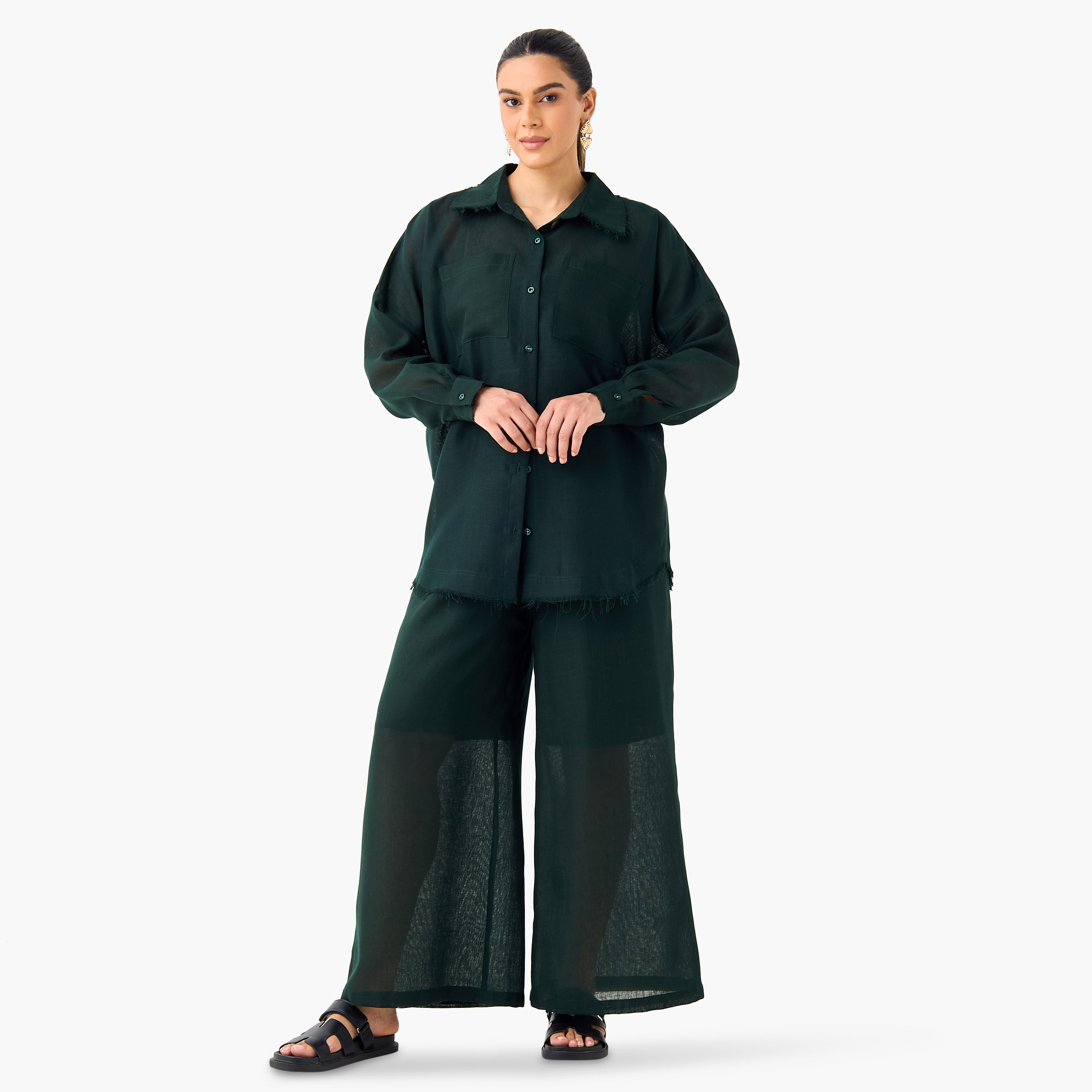 Golden Apple Solid Shirt and Wide Leg Pants Set-women-clothing-coordsets-image-1