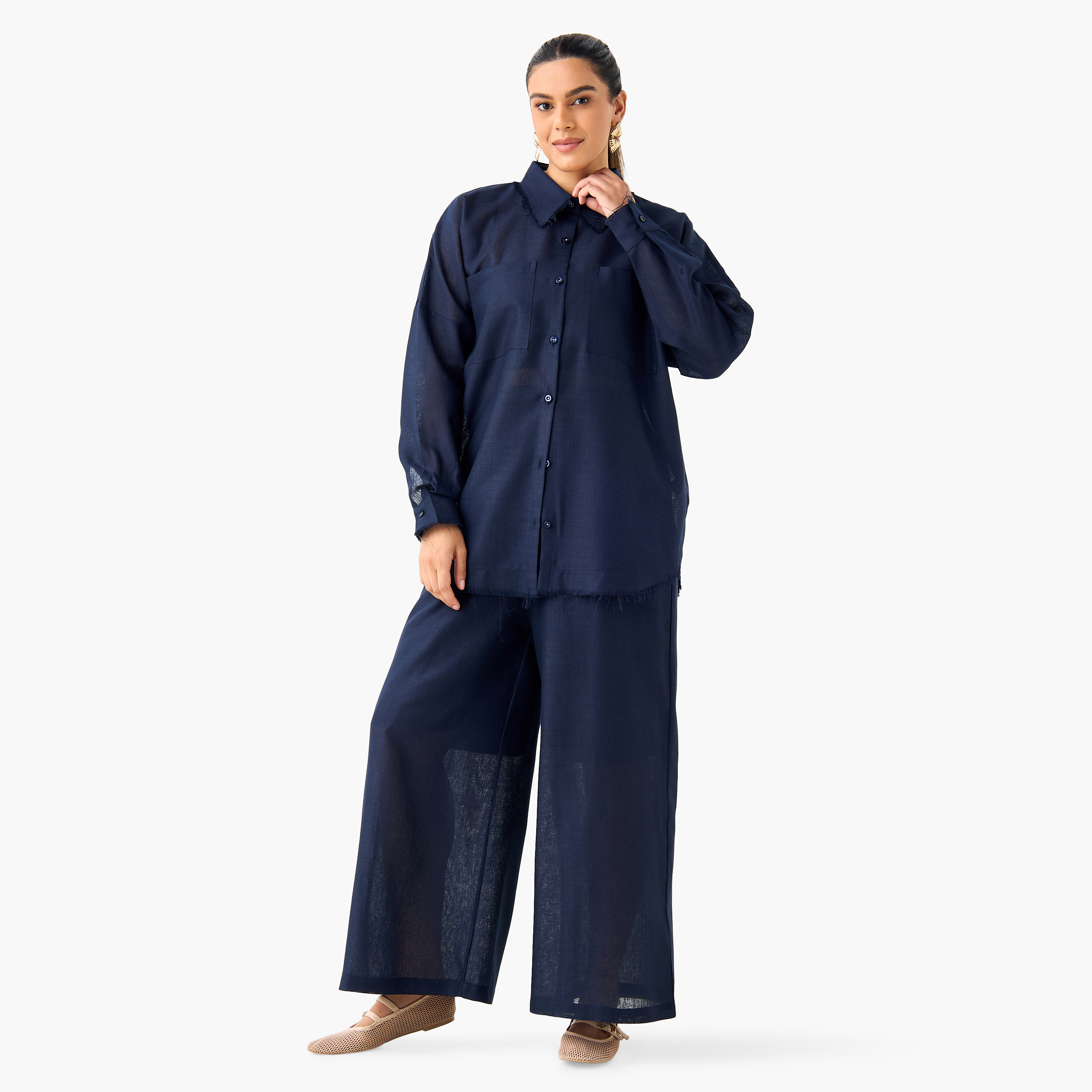 طقم قميص سادة وبنطلون واسع الساقين من جولدن آبل-women-clothing-coordsets-image-13