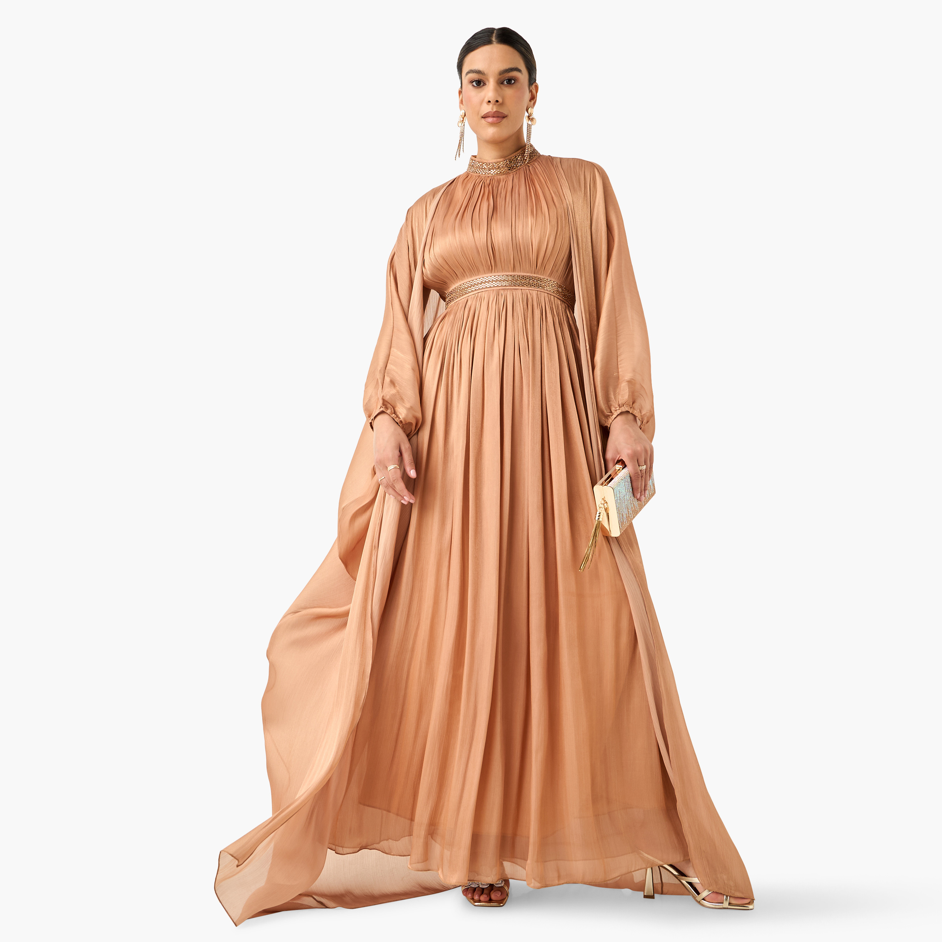 فستان مزين بياقة عالية مع رداء من جولدن أبل-women-clothing-dresses-image-6