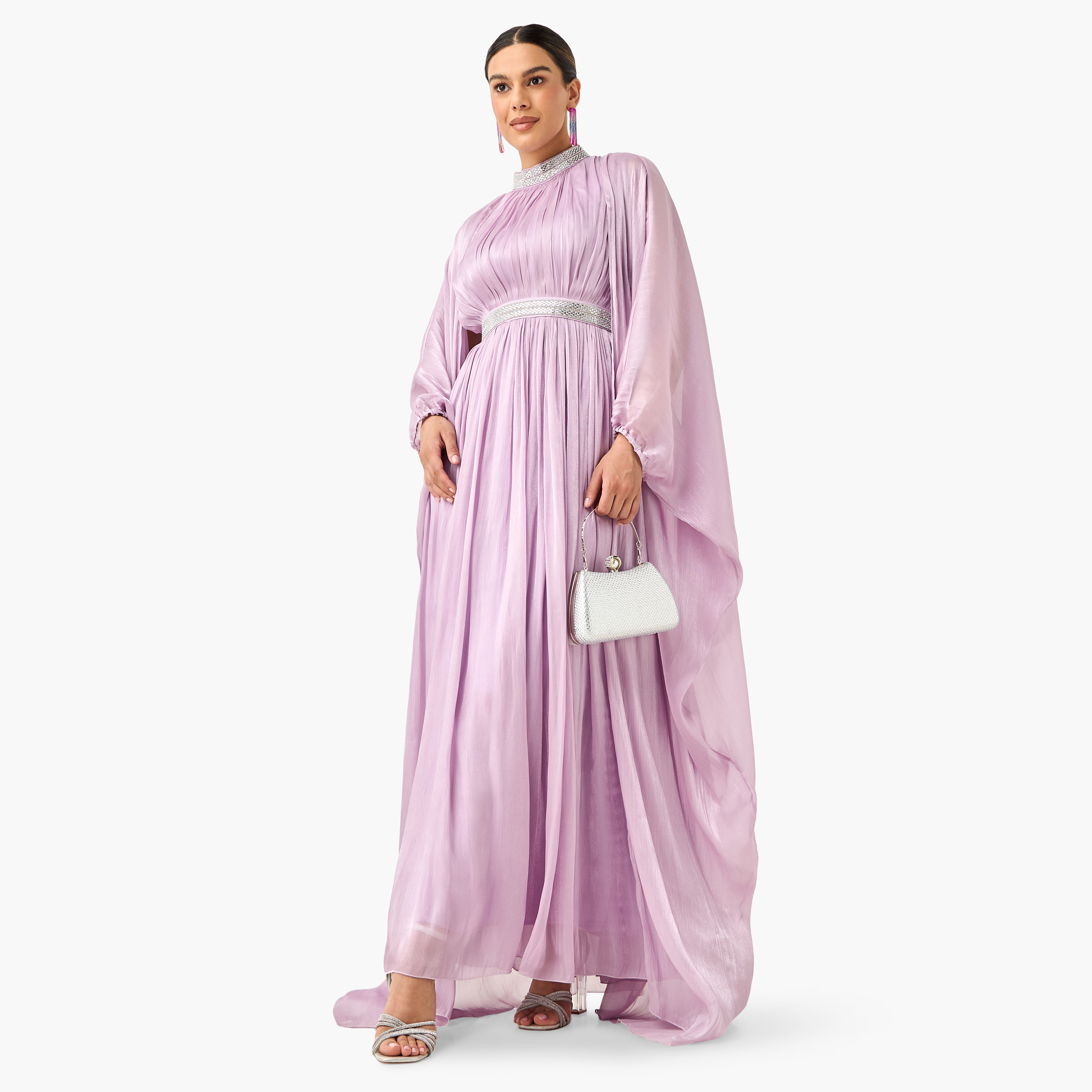 Golden Apple Embellished High Neck Dress with Cape-women-clothing-dresses-image-1