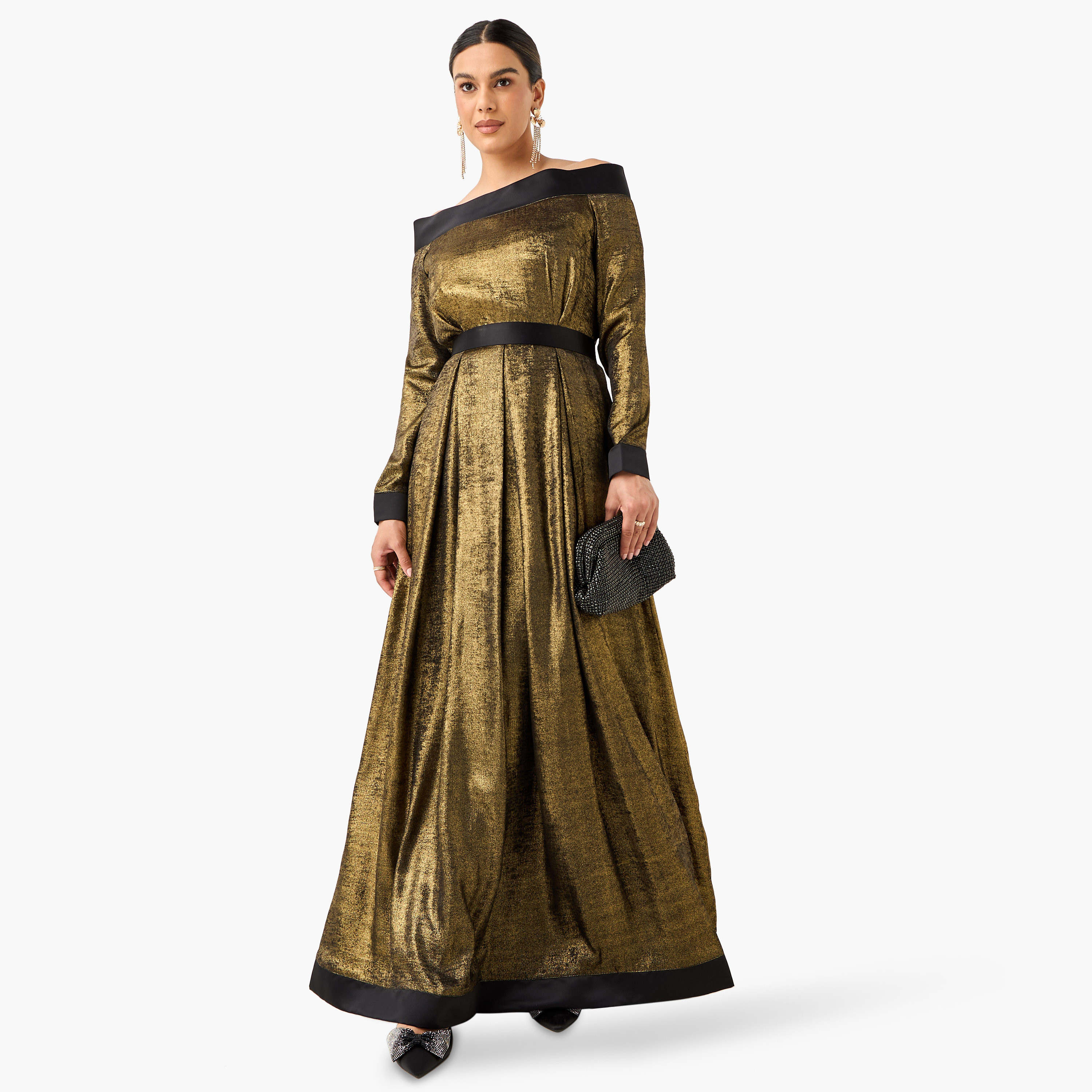 Golden Apple Textured Off Shoulder Dress with Long Sleeves-women-clothing-dresses-image-1