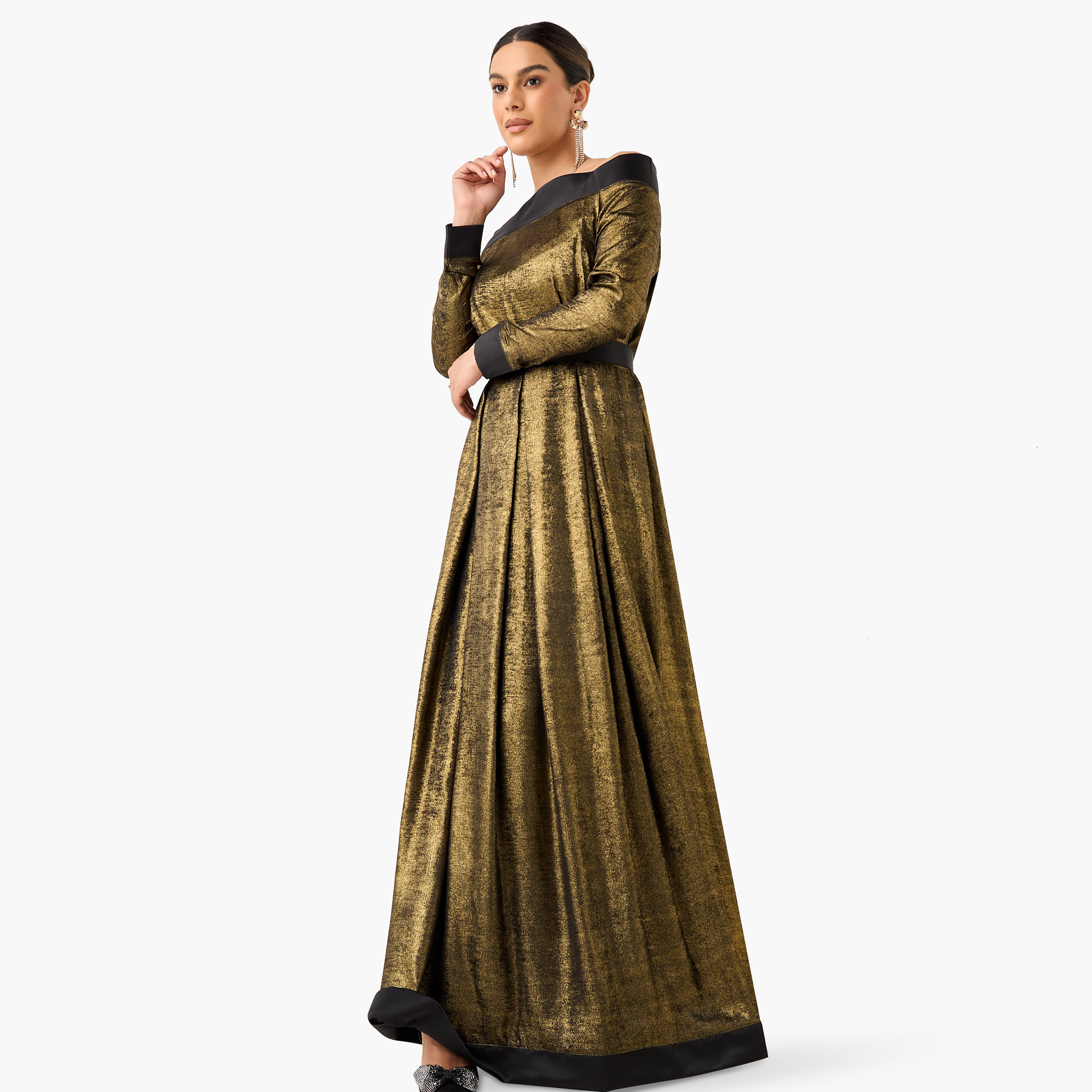 فستان بارز الملمس بأكتاف مكشوفة وأكمام طويلة من جولدن أبل-women-clothing-dresses-image-2