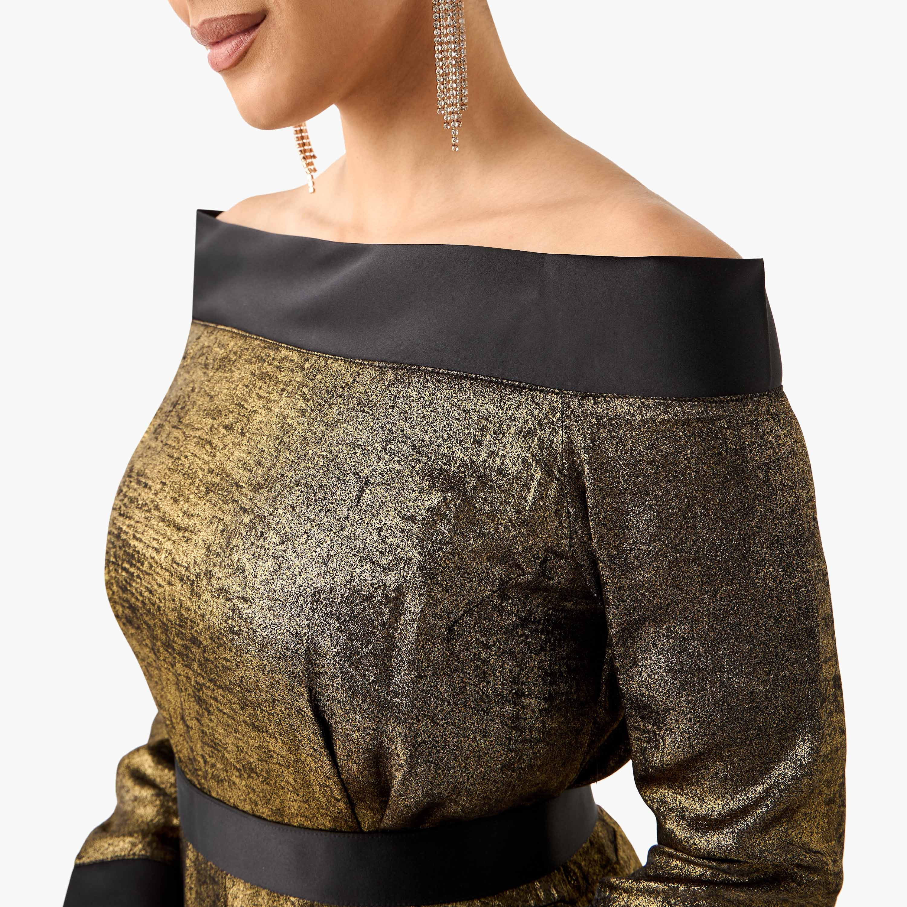 Golden Apple Textured Off Shoulder Dress with Long Sleeves-women-clothing-dresses-image-4