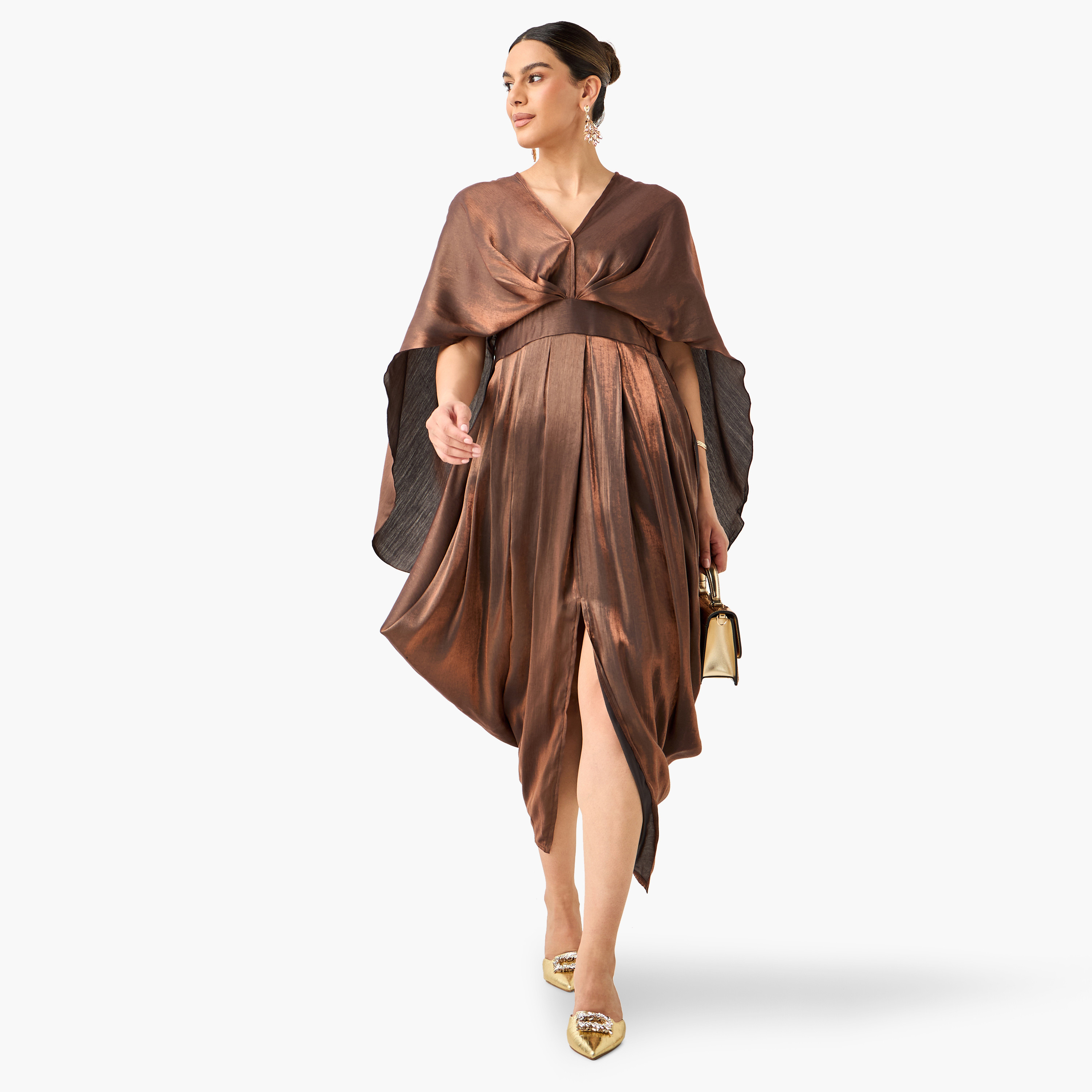 فستان سادة بتصميم درابيه مع ياقة V وأكمام ممتدة من جولدن أبل-women-clothing-dresses-image-6