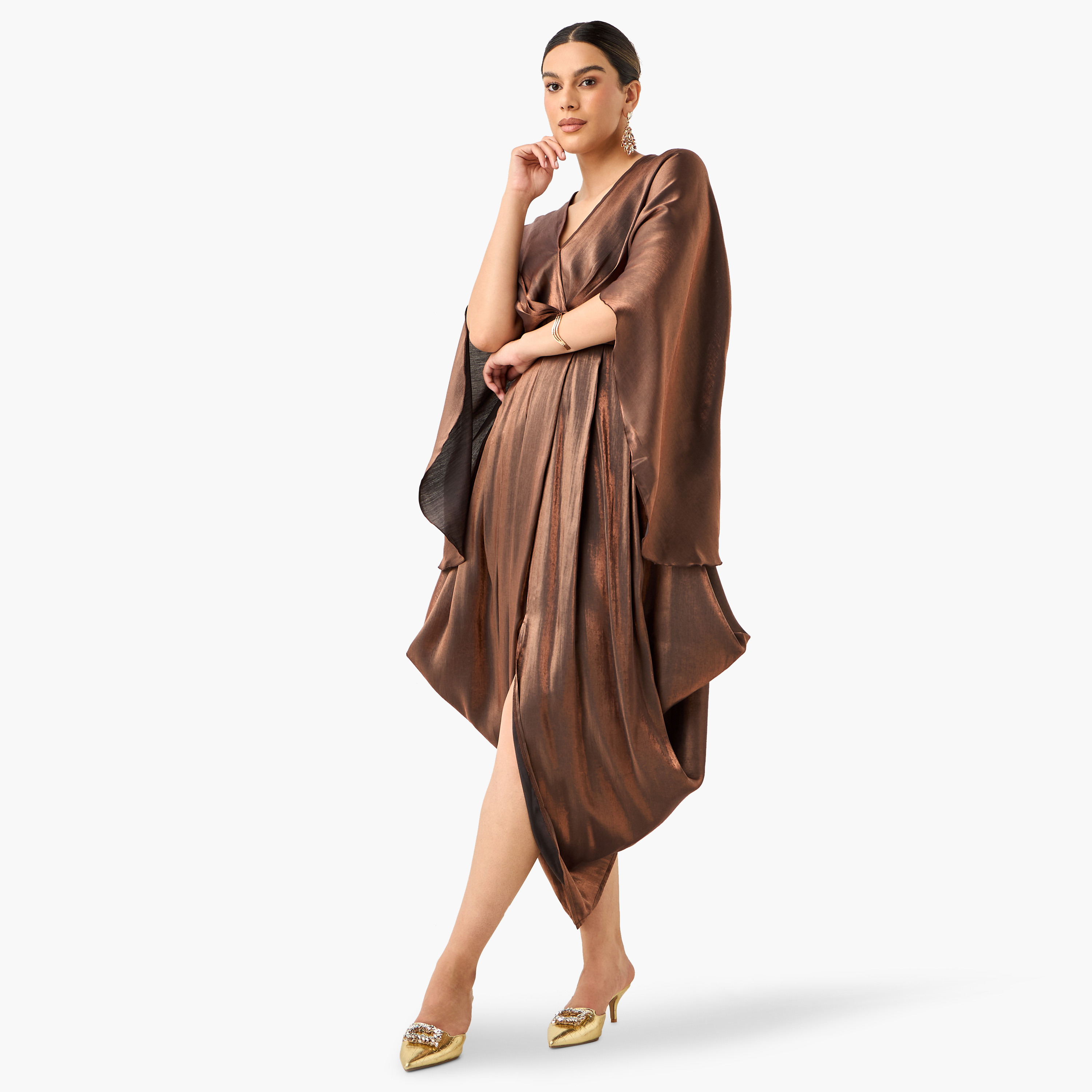 فستان سادة بتصميم درابيه مع ياقة V وأكمام ممتدة من جولدن أبل-women-clothing-dresses-image-7