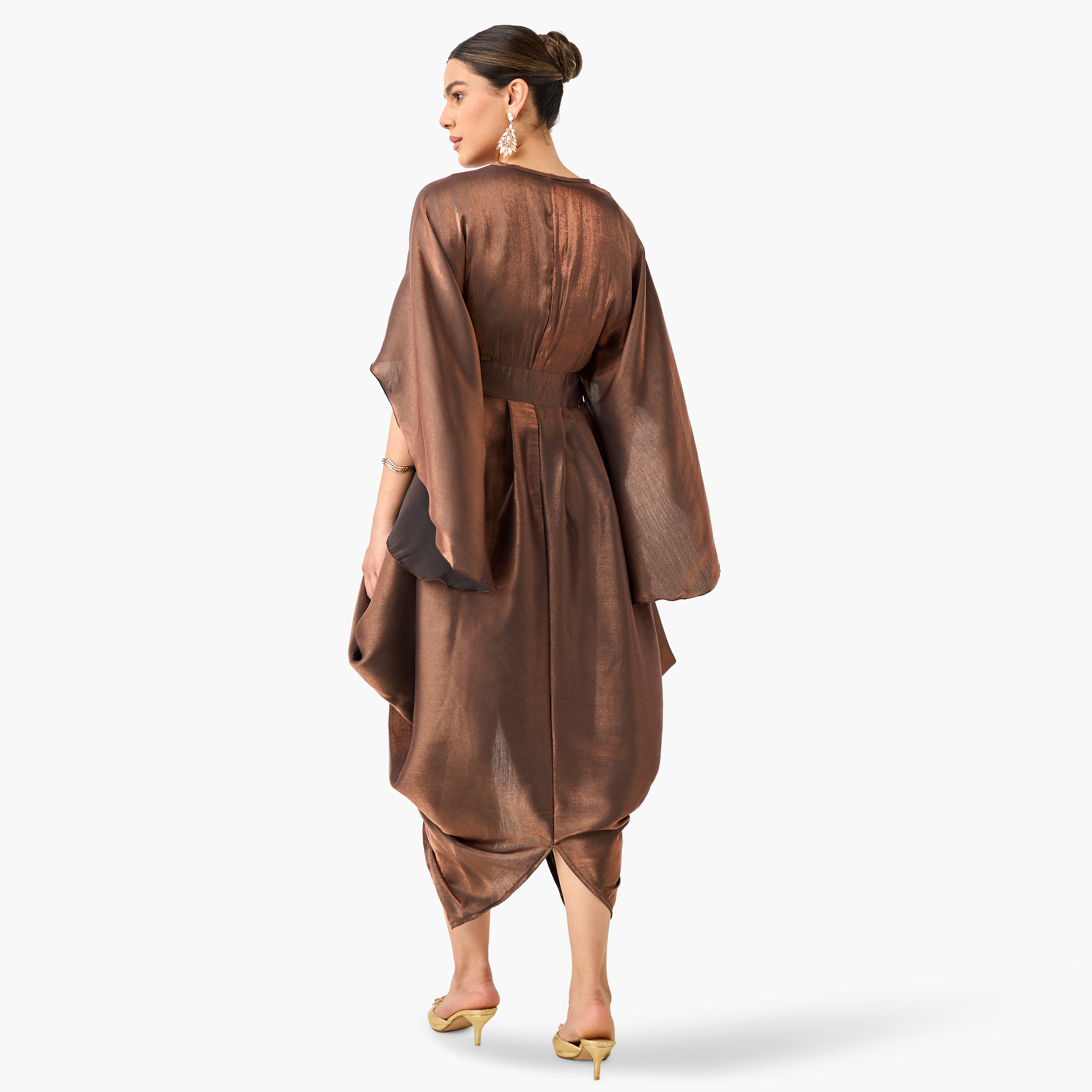 فستان سادة بتصميم درابيه مع ياقة V وأكمام ممتدة من جولدن أبل-women-clothing-dresses-image-8