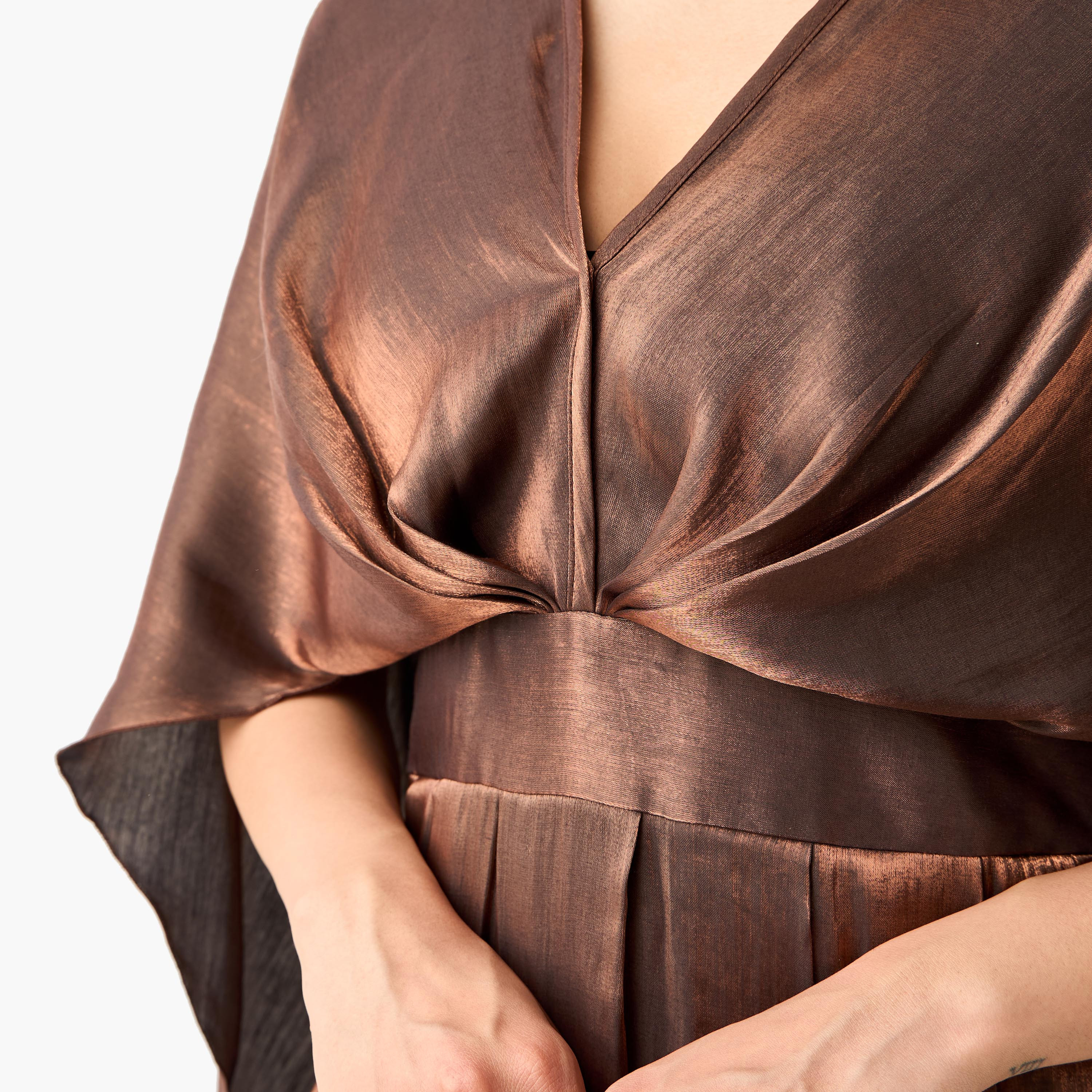 فستان سادة بتصميم درابيه مع ياقة V وأكمام ممتدة من جولدن أبل-women-clothing-dresses-image-9