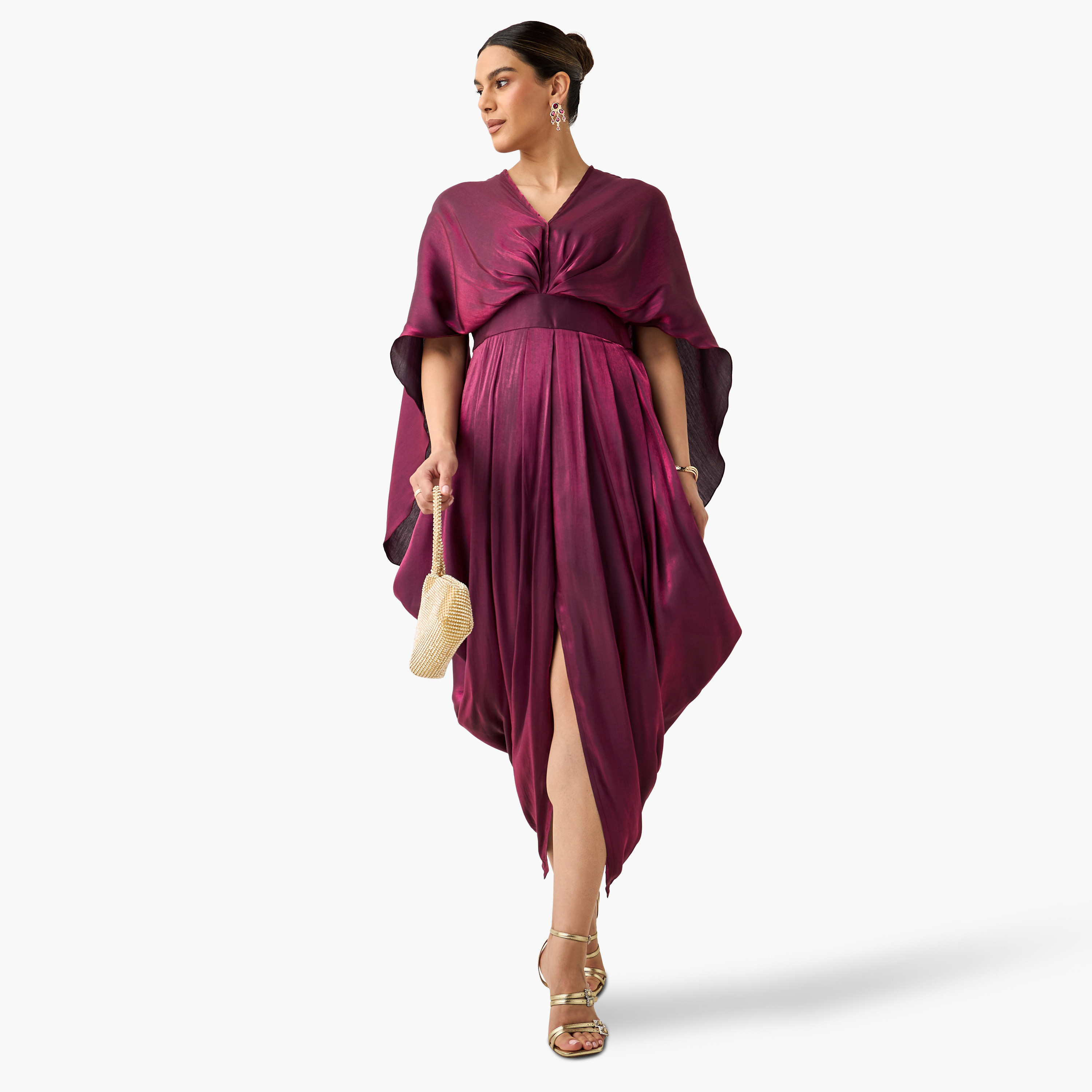 فستان سادة بتصميم درابيه مع ياقة V وأكمام ممتدة من جولدن أبل-women-clothing-dresses-image-1